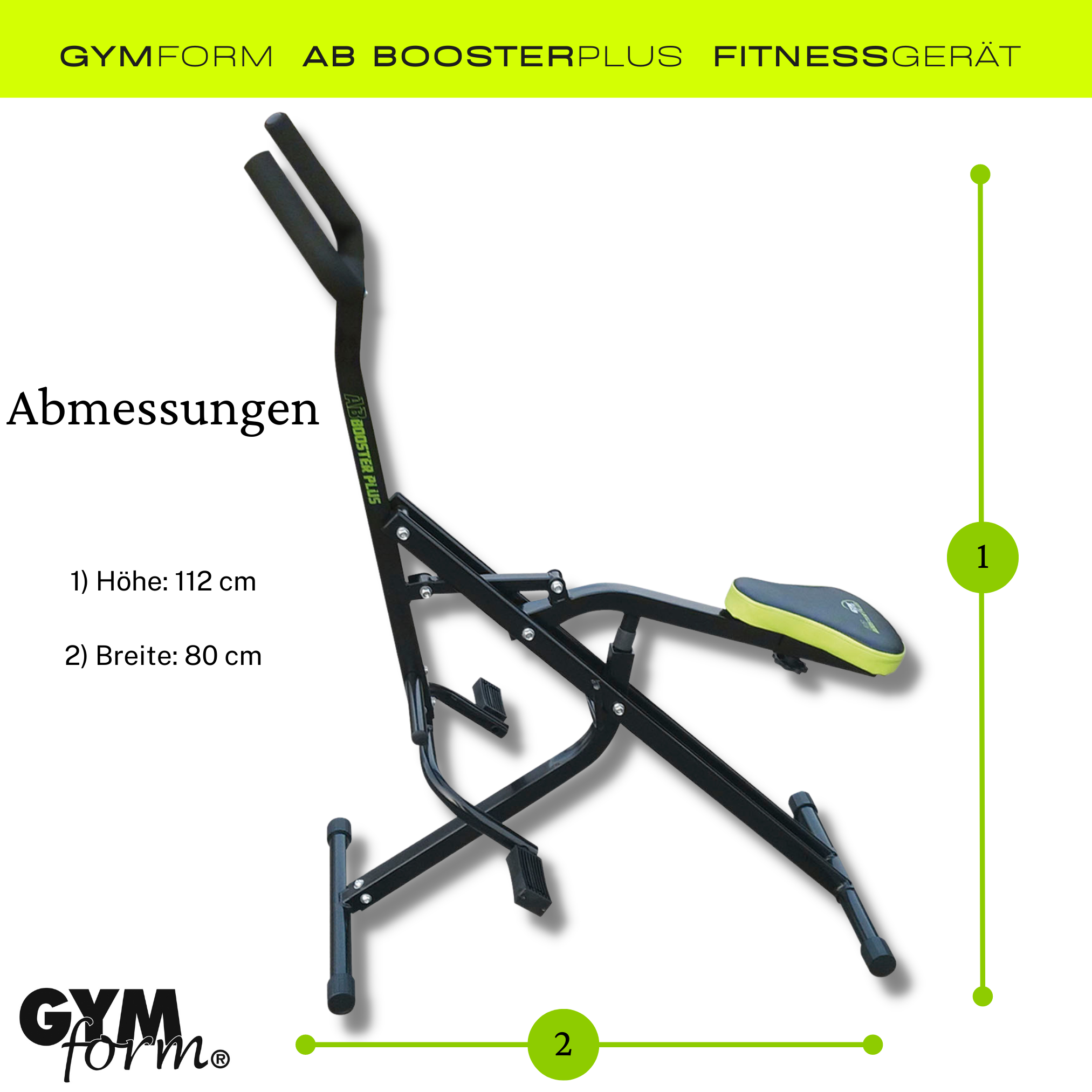 Gymform Ab Booster Plus Fitnessgerät, schwarz und grün, mit Maßangaben. Text und Maße.