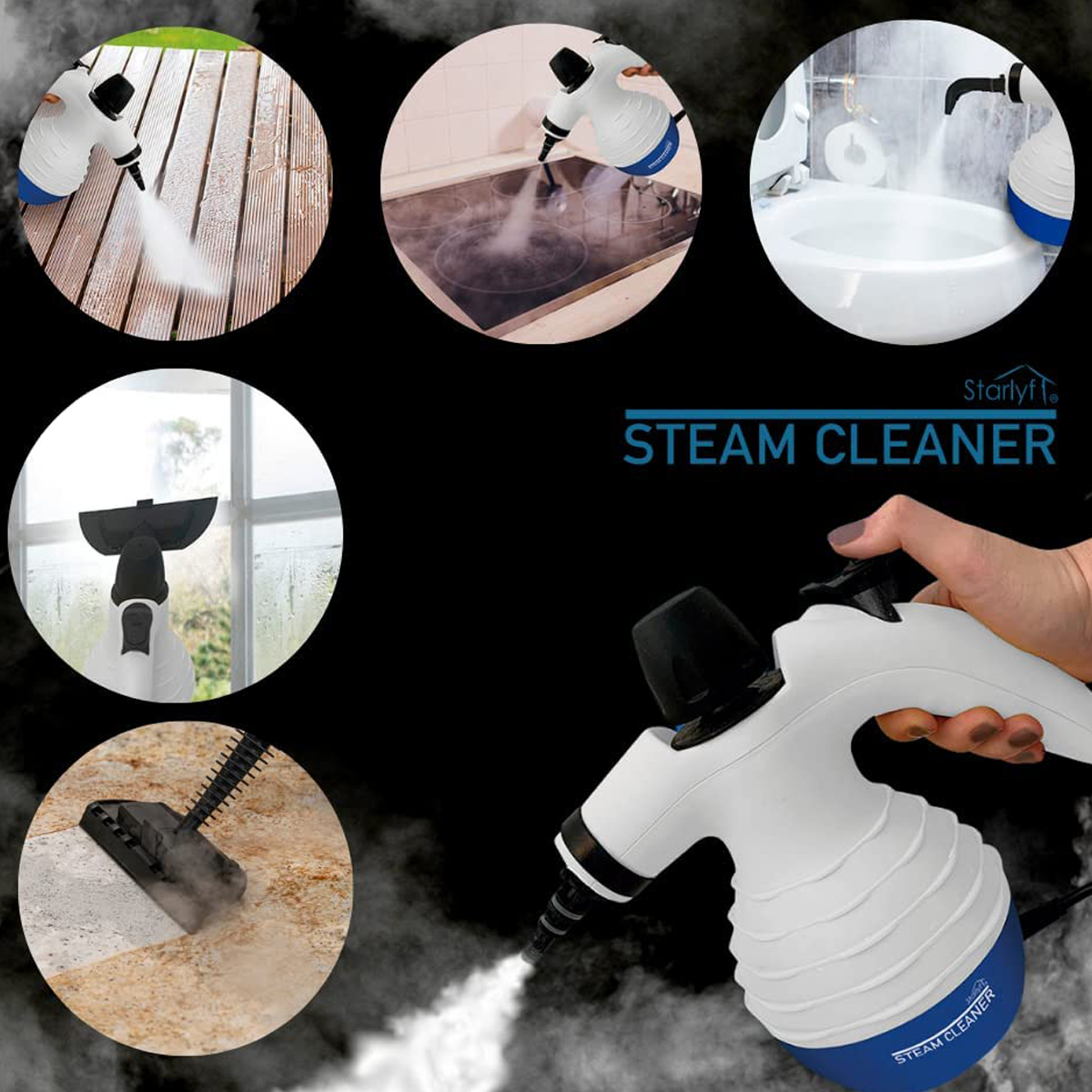Nettoyeur vapeur pulvérisant de la vapeur sur différentes surfaces. La superposition de texte dit 'STEAM CLEANER'.