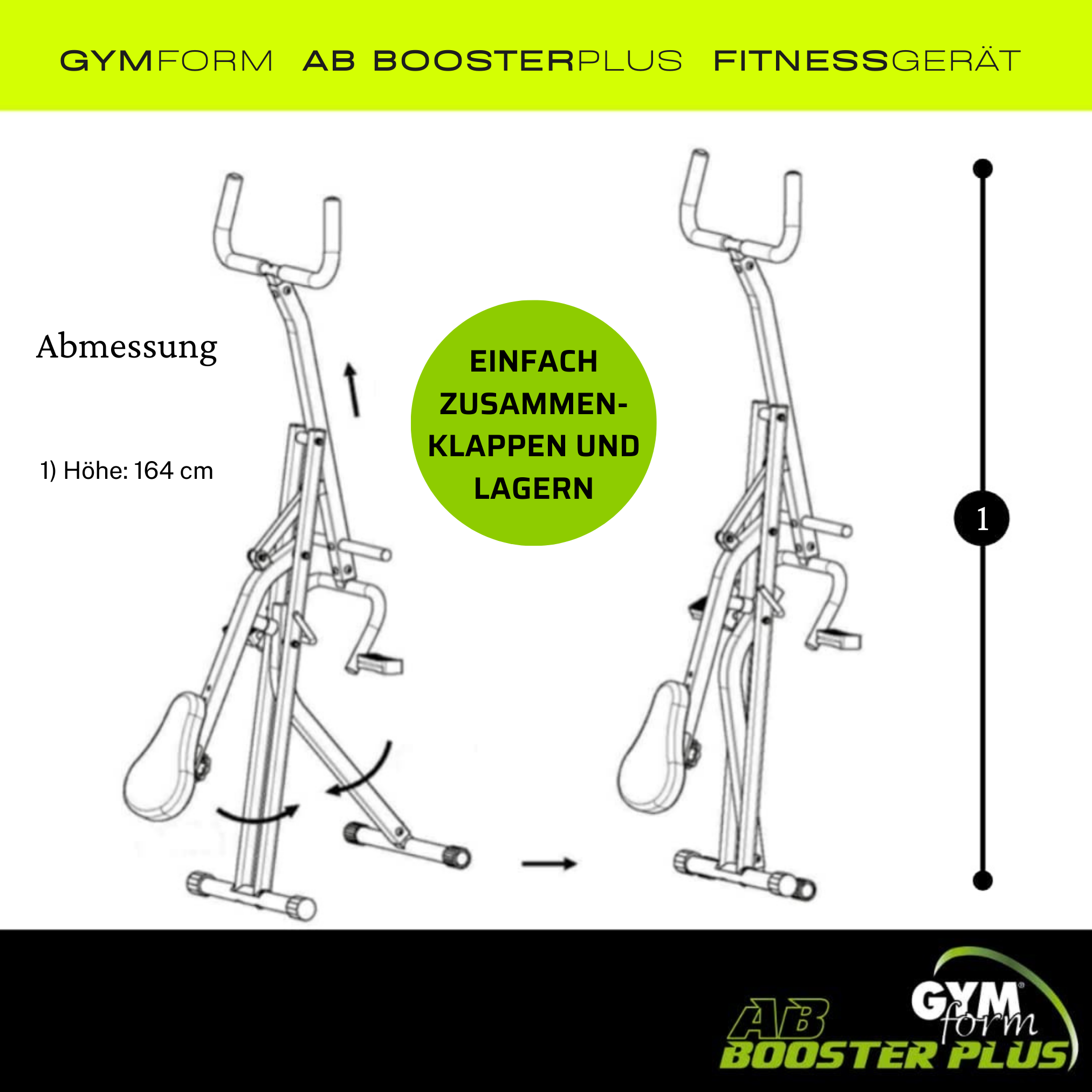 Diagramm einer Fitnessmaschine. Text zeigt Abmessungen und Faltanweisungen zur Lagerung.