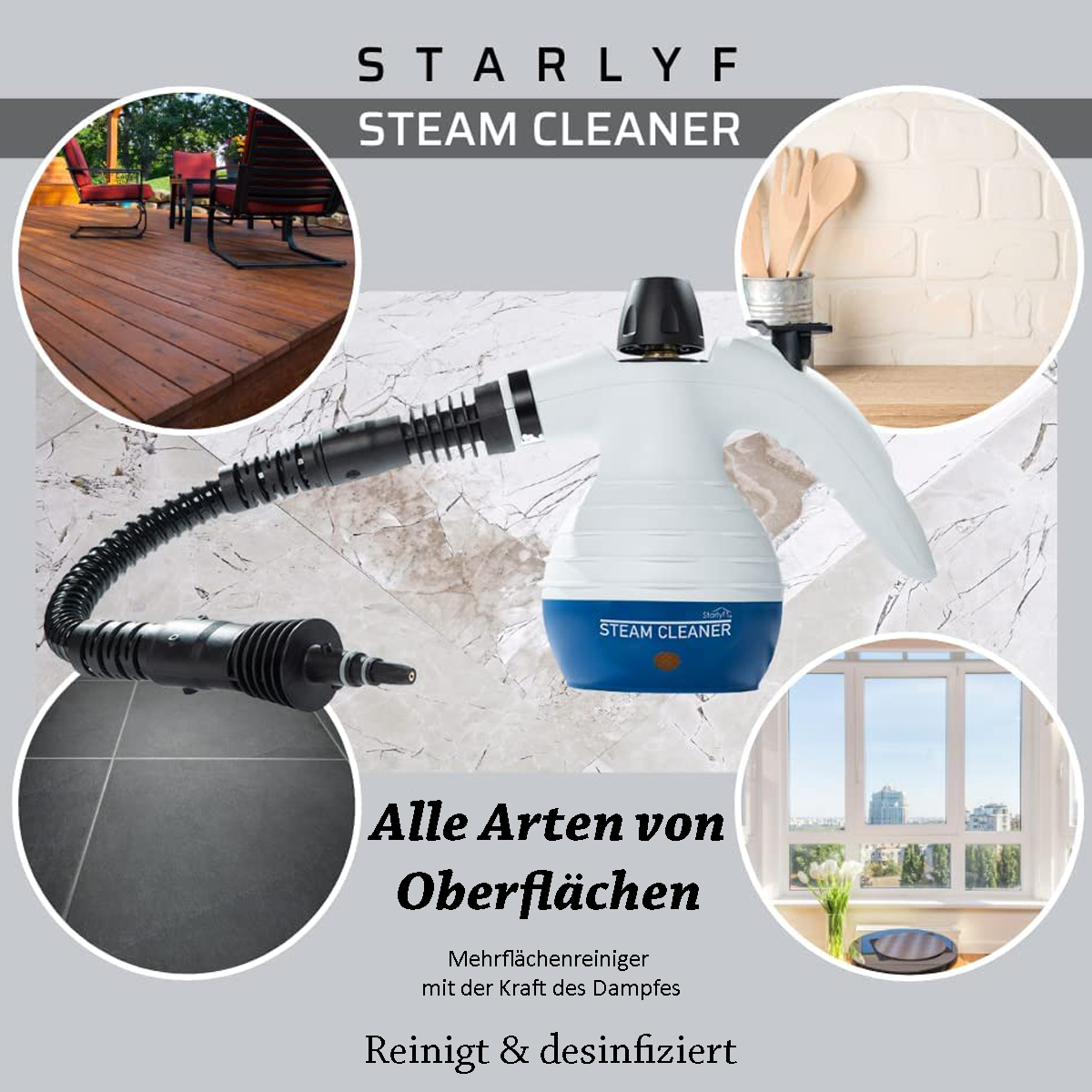 Nettoyeur vapeur avec texte, divers scénarios de nettoyage en cercles.