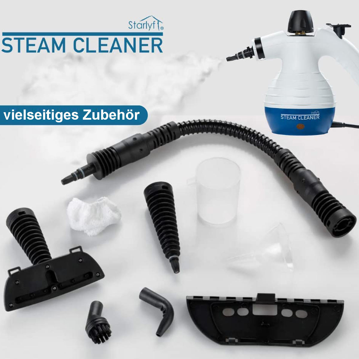 Nettoyeur vapeur avec accessoires. Texte : Steam Cleaner, vielseitiges Zubehör.