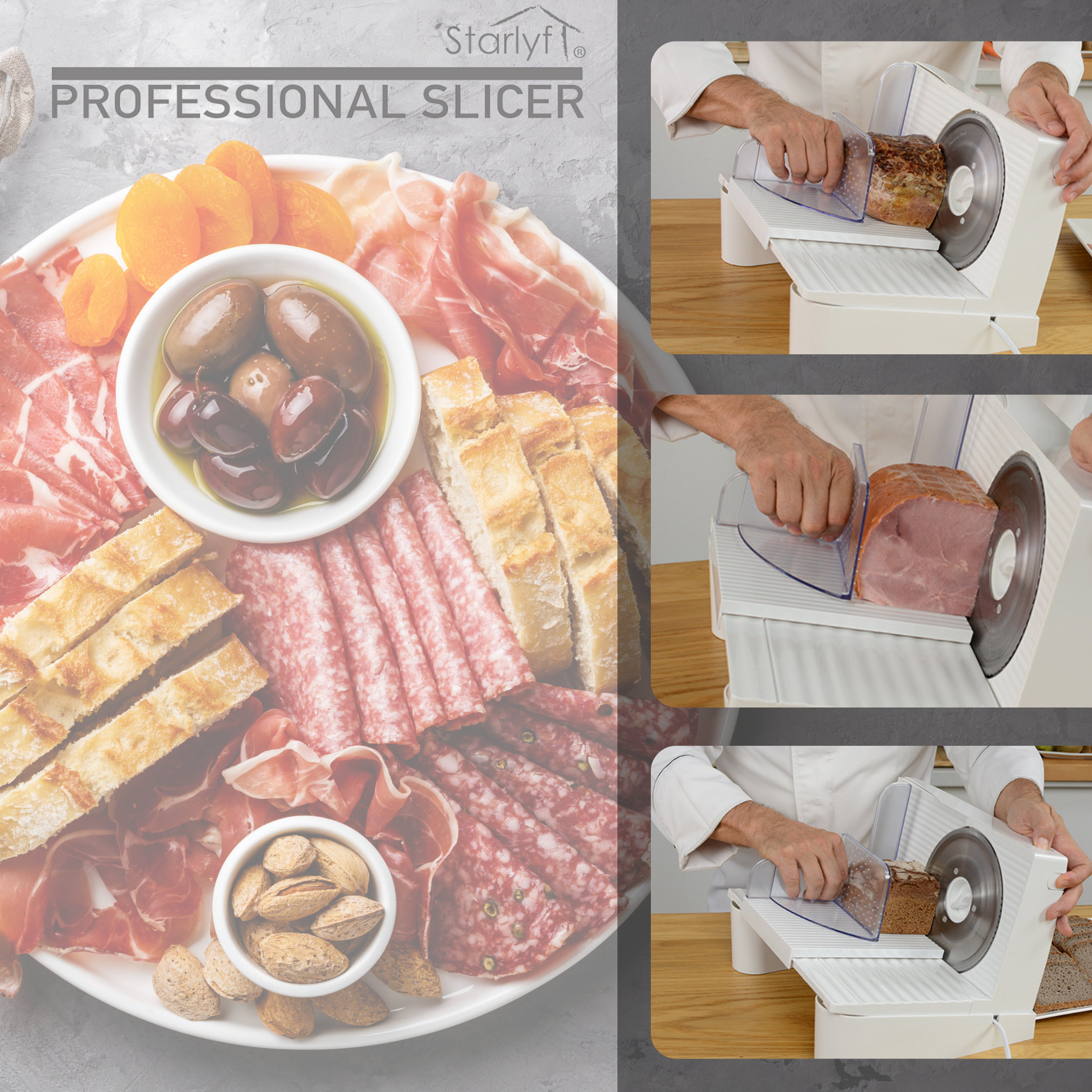 Piatto di carne con varie carni, pane, olive, albicocche e noci.