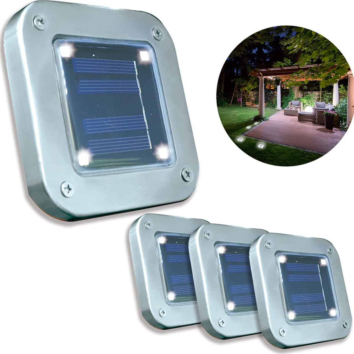 Lampes solaires carrées, cadre argenté et lumières encastrées. Incrustation : scène extérieure.