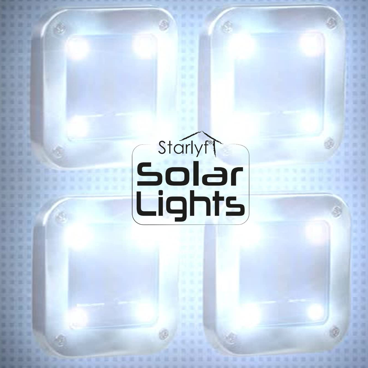 Quatre lampes solaires carrées avec un cadre blanc. Elles sont allumées et ont les mots lampes solaires au milieu.