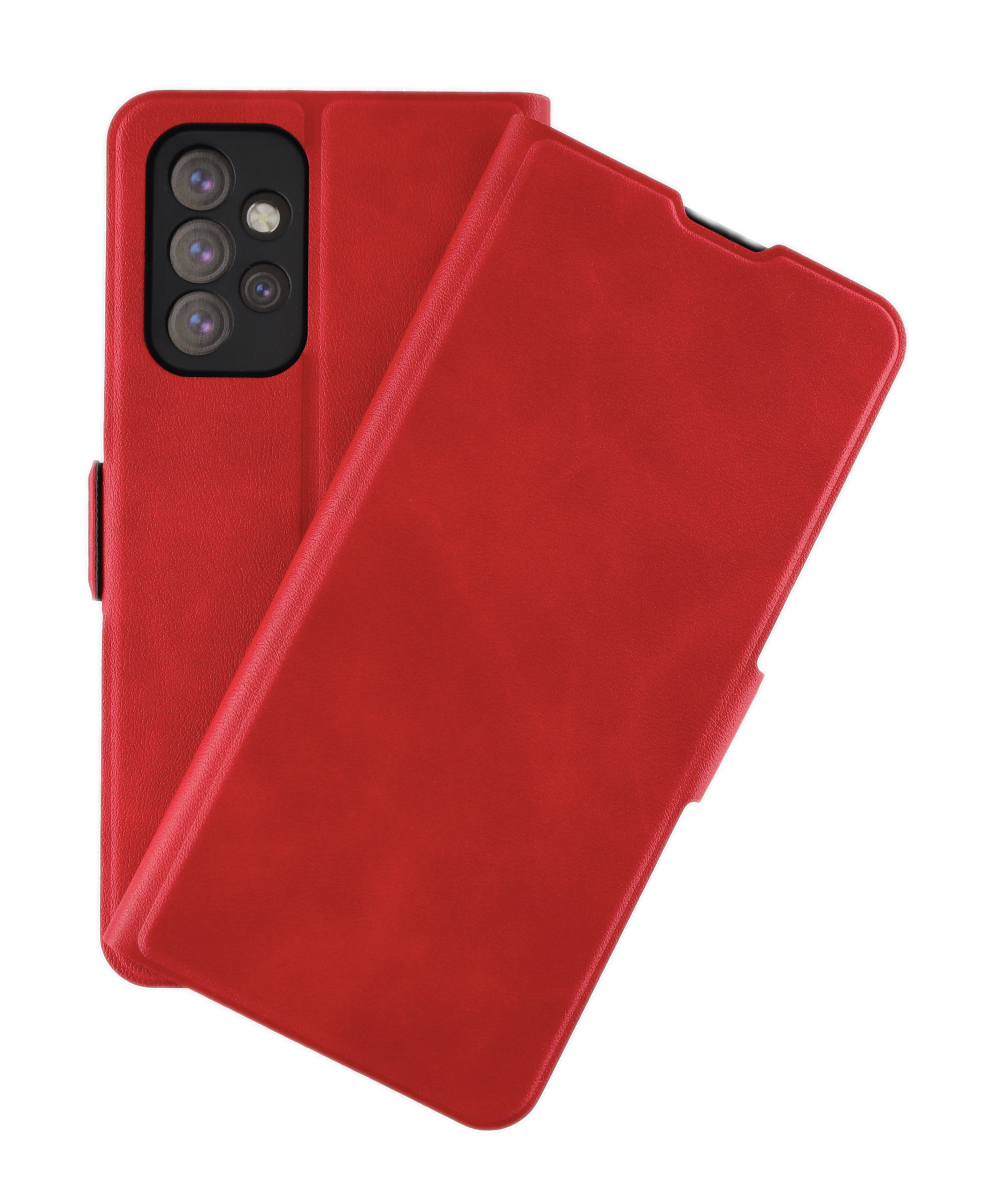 Rote Handyhülle mit geöffnetem Telefon. Schwarzer Hintergrund.