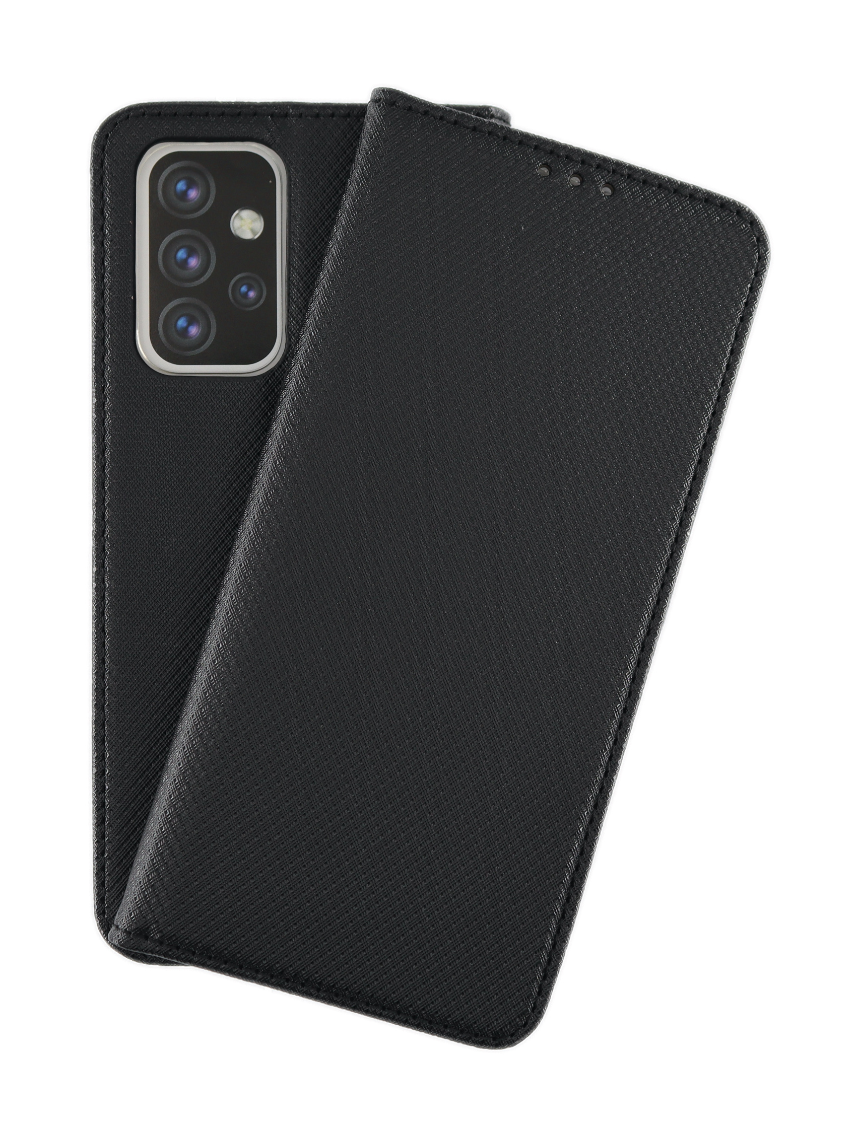 Eine schwarze Handyhülle geöffnet. Die Kamera des Telefons ist sichtbar. Strukturierte Oberfläche.