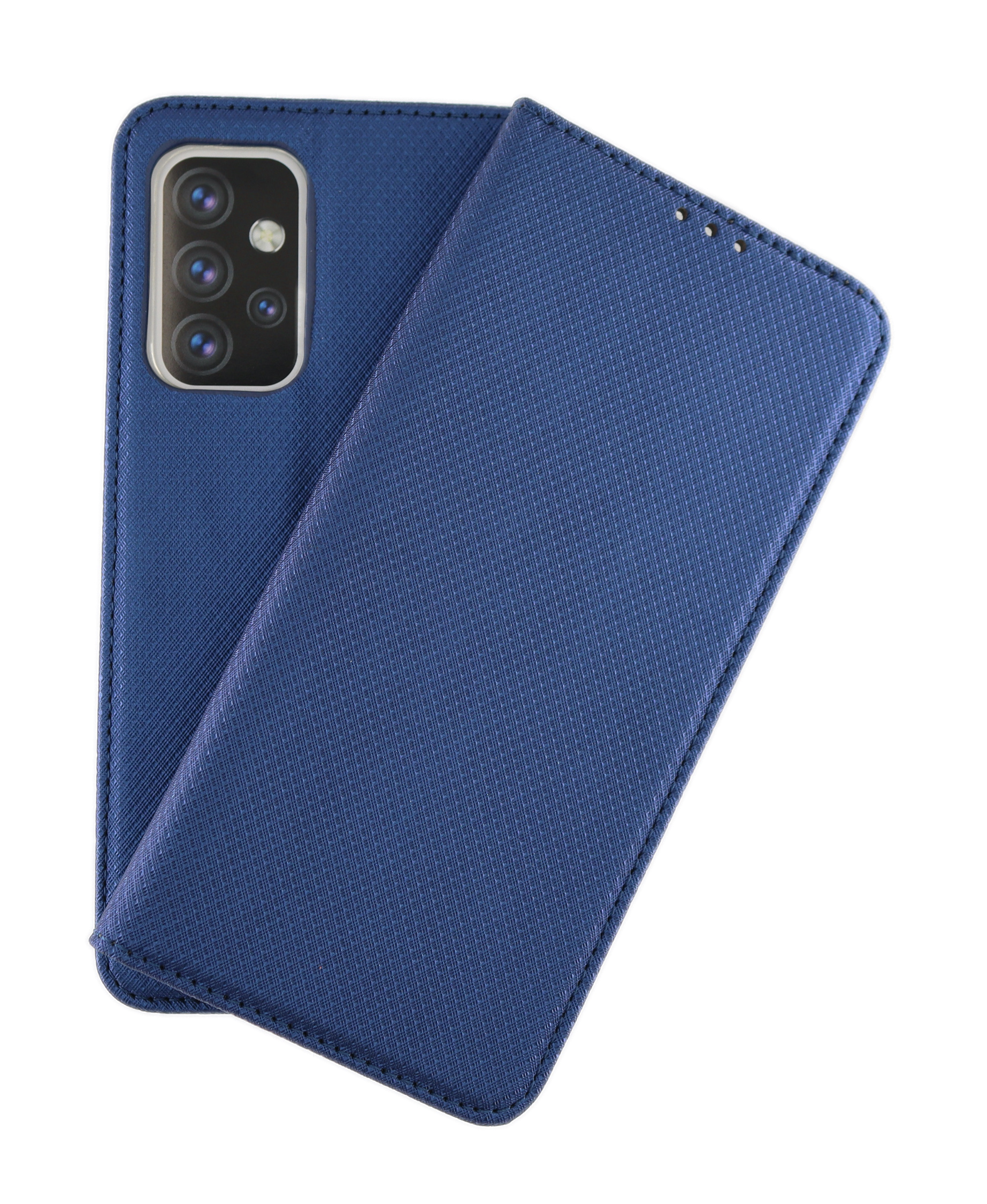 Blaue Telefonhülle geöffnet. Die Rückseite der Hülle und das Telefon sind sichtbar.