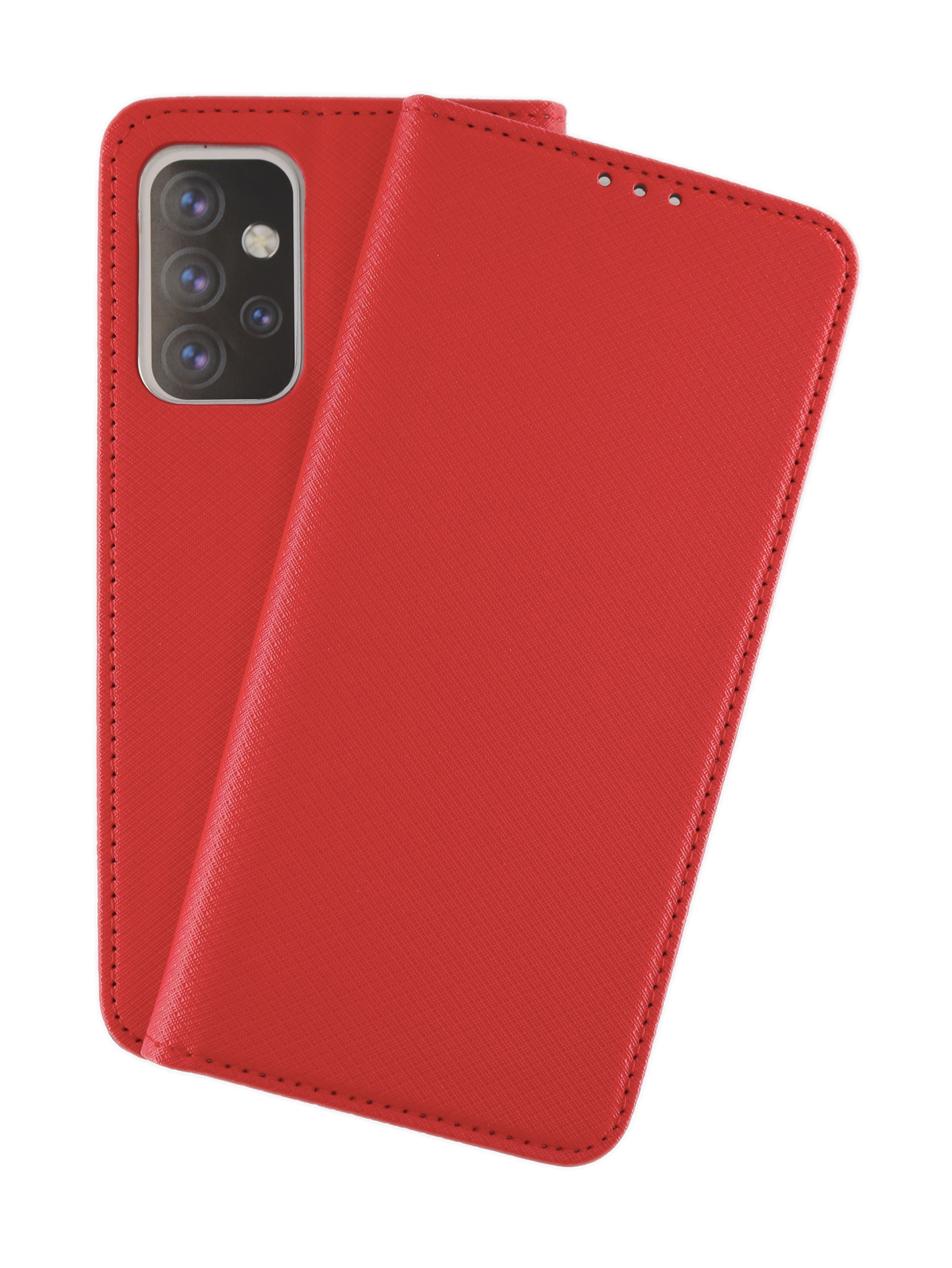 Eine rote Handyhülle mit einem Telefon darin, vor weißem Hintergrund.