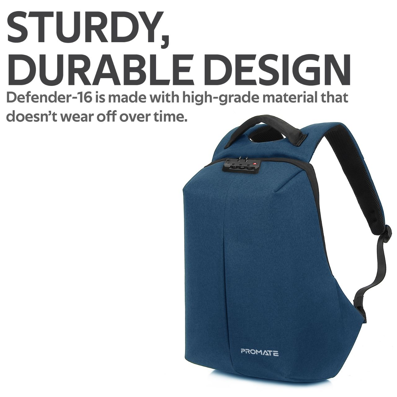 Mochila azul oscuro con candado y la palabra PROMATE.