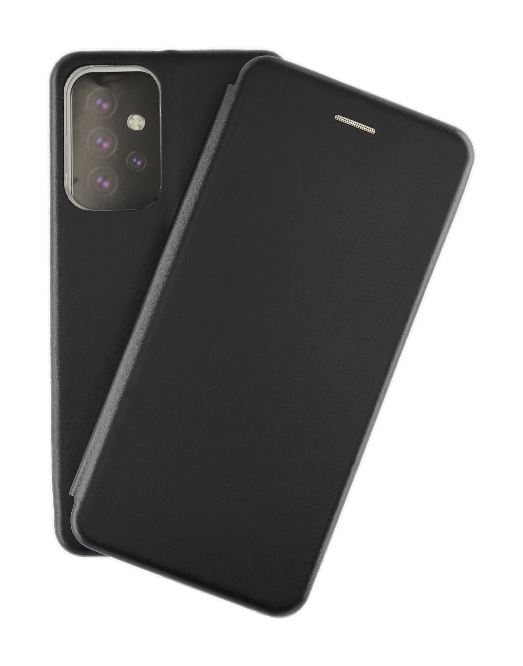 Schwarze Handyhülle geöffnet, Telefon sichtbar. Telefon hat mehrere Kameras. Weißer Hintergrund.