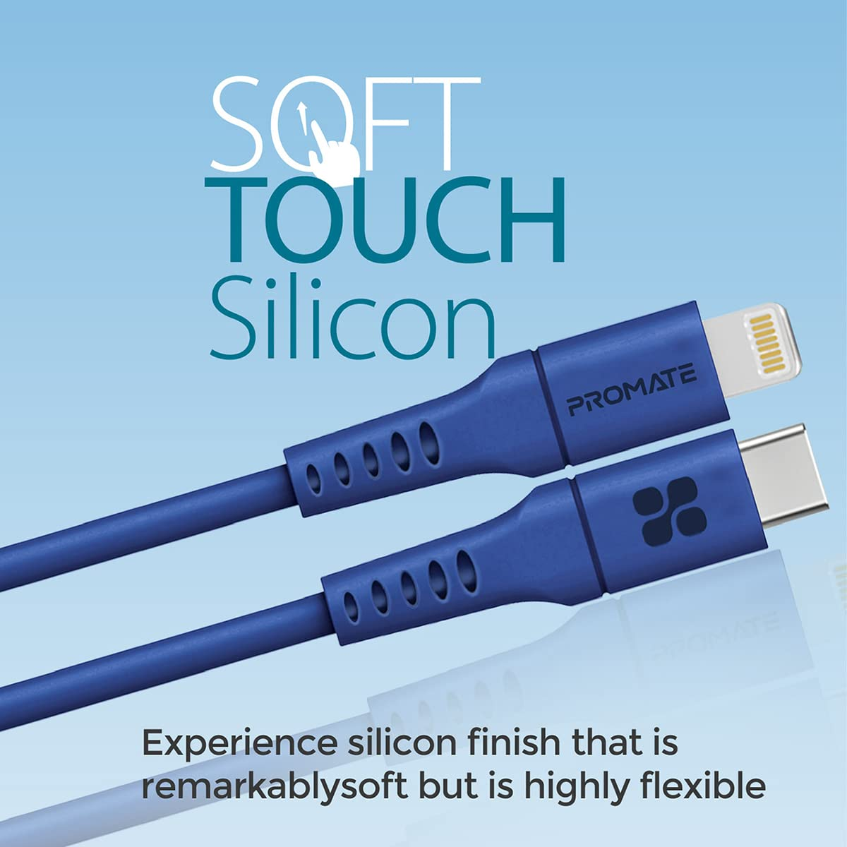 Cable de silicona azul con conectores Lightning y USB-C. Texto: 'SOFT TOUCH Silicon' y 'PROMATE'.