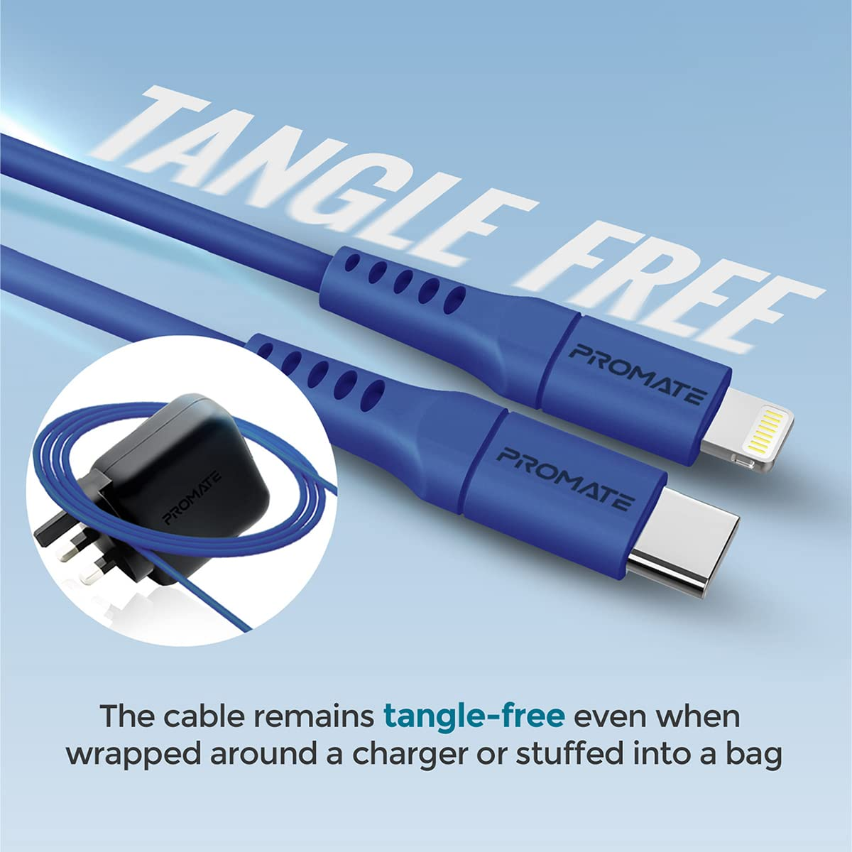 Cables de carga Promate azules. Uno con conector Lightning, otro con USB-C. Diseño anti-enredos.