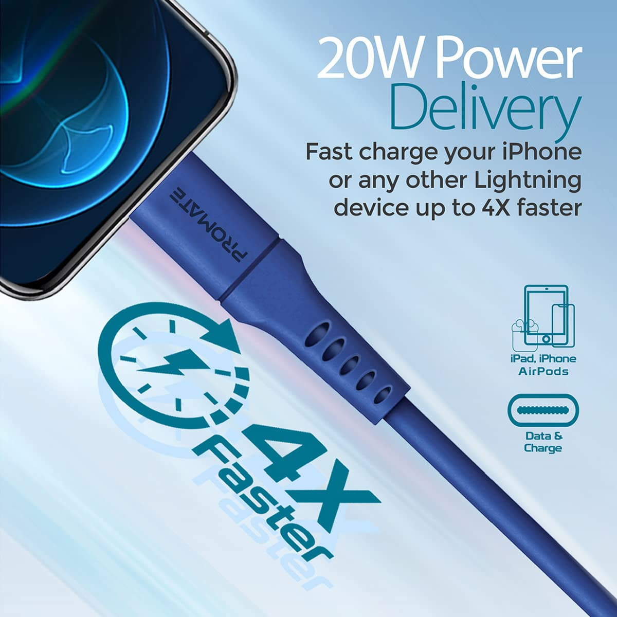 Cable de carga azul conectado a un teléfono, con texto 4X Faster.