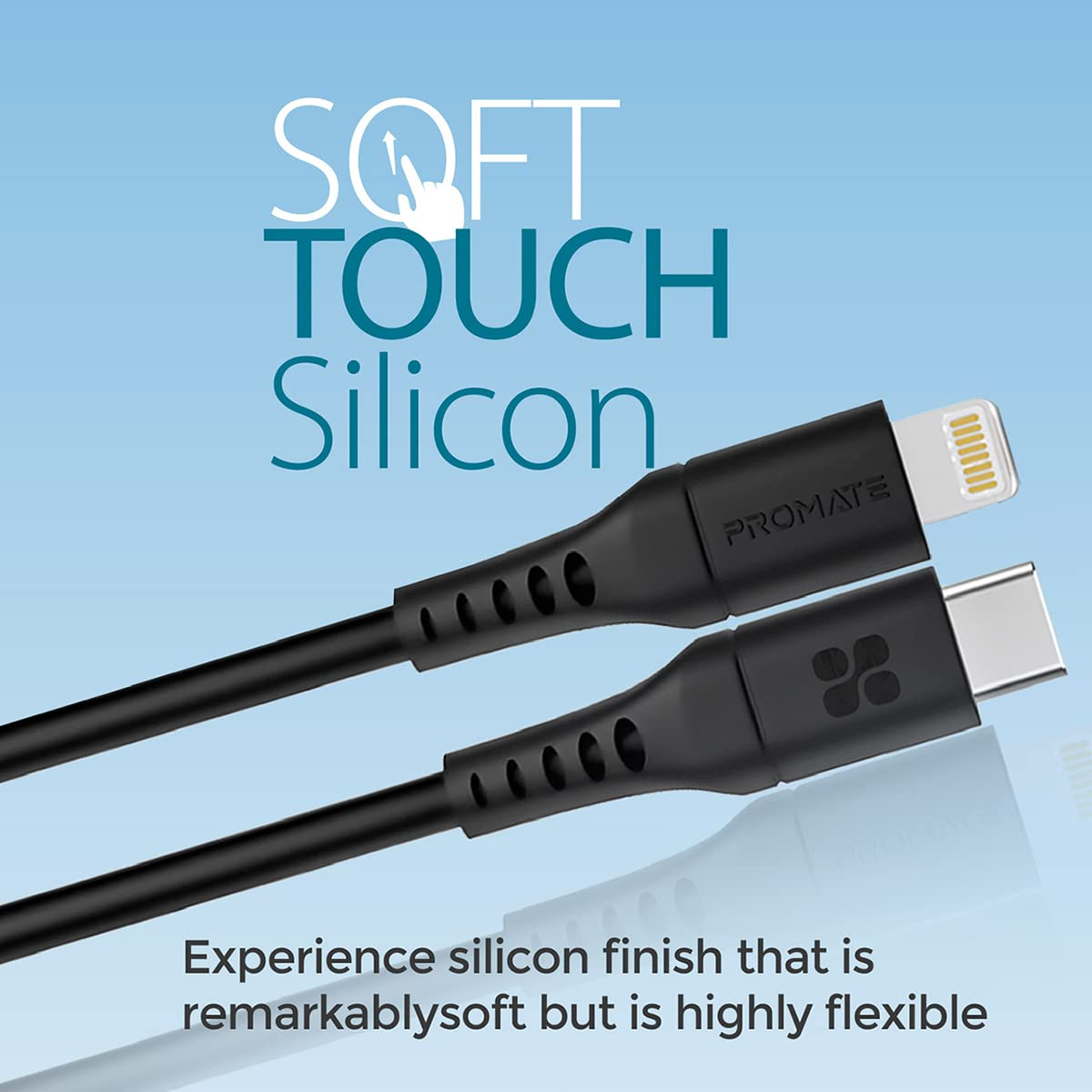 Se muestran dos cables de carga negros con extremos diferentes. El texto dice 'Soft Touch Silicon'.