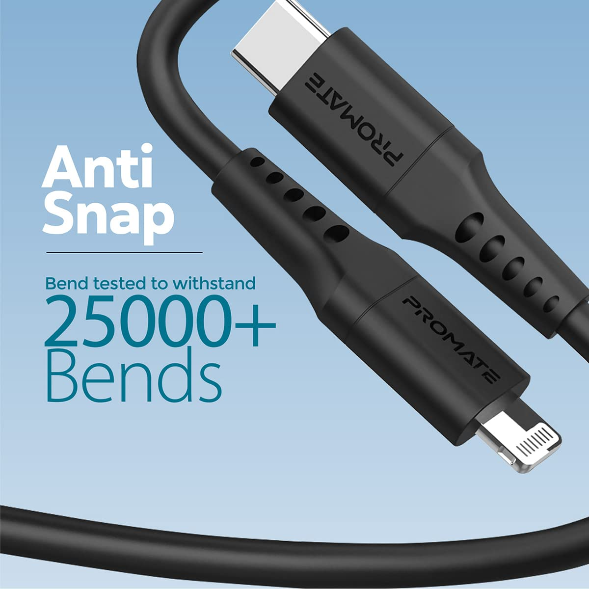 Cable USB-C a Lightning negro con texto: Anti Snap, Probado para resistir +25000 dobleces.