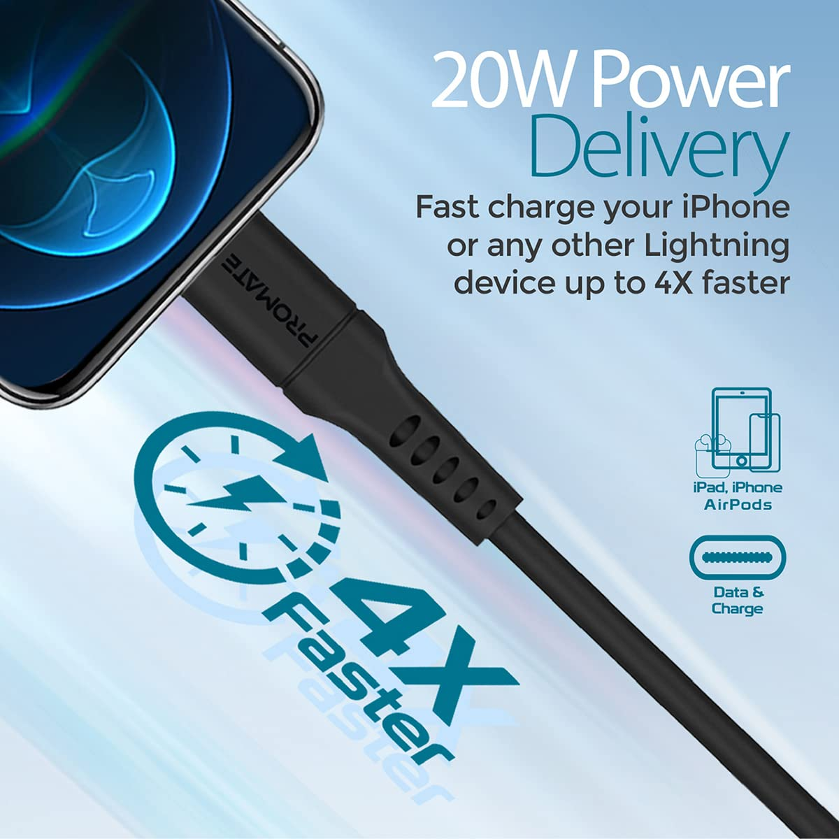 Cable de carga negro con conector Lightning y gráfico que muestra carga 4X más rápida.