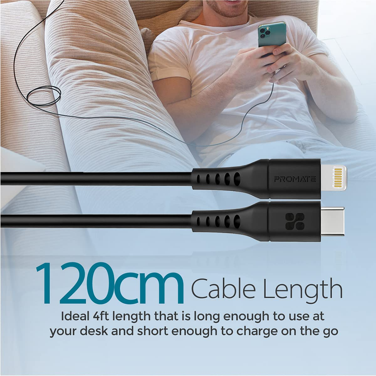 Cable de carga negro con conectores Lightning y USB-C, el texto dice '120cm de longitud de cable'.
