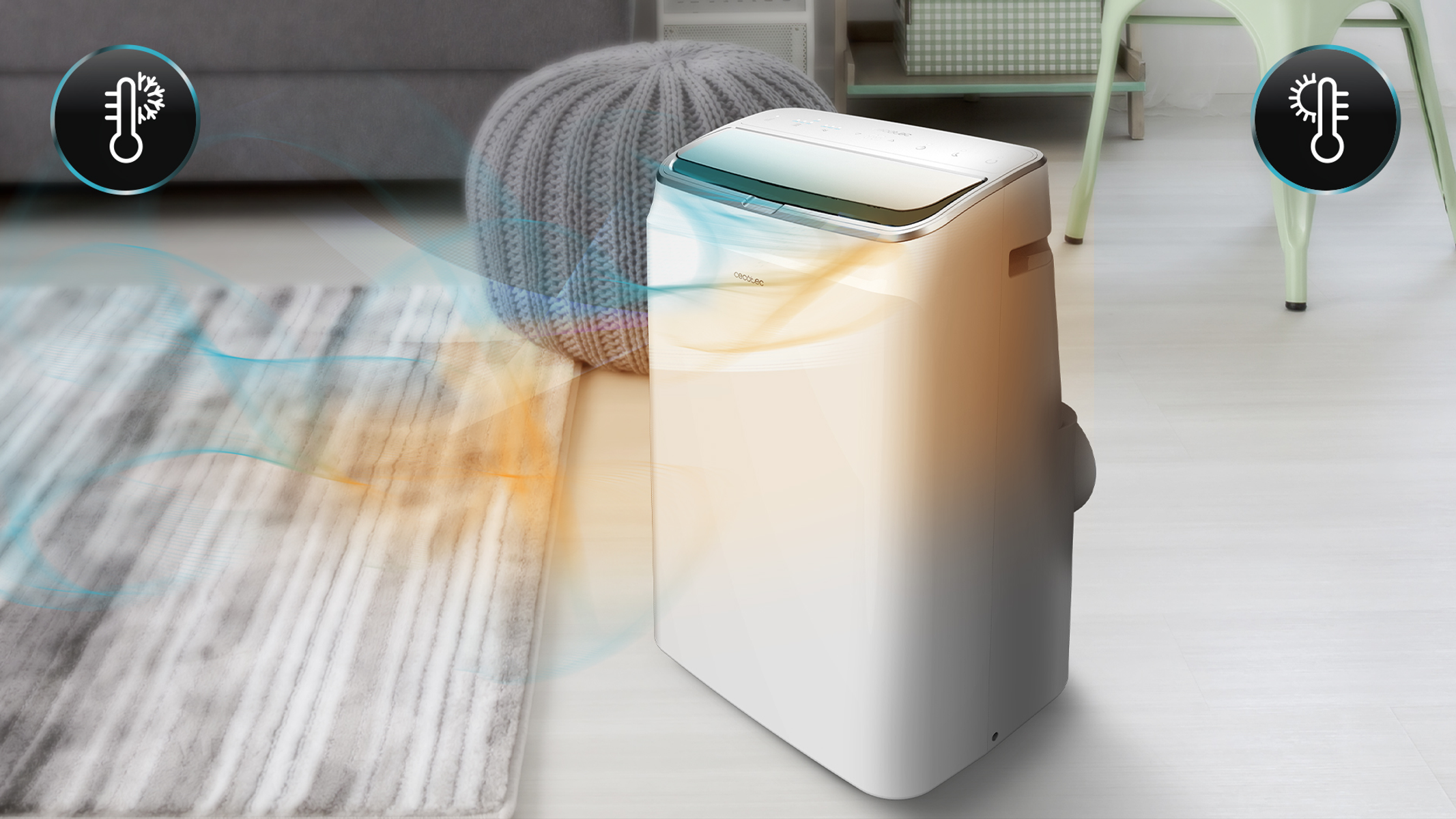 Biały klimatyzator na dywanie. Ikony termometru po obu stronach. Widoczny niebieski i pomarańczowy przepływ powietrza.