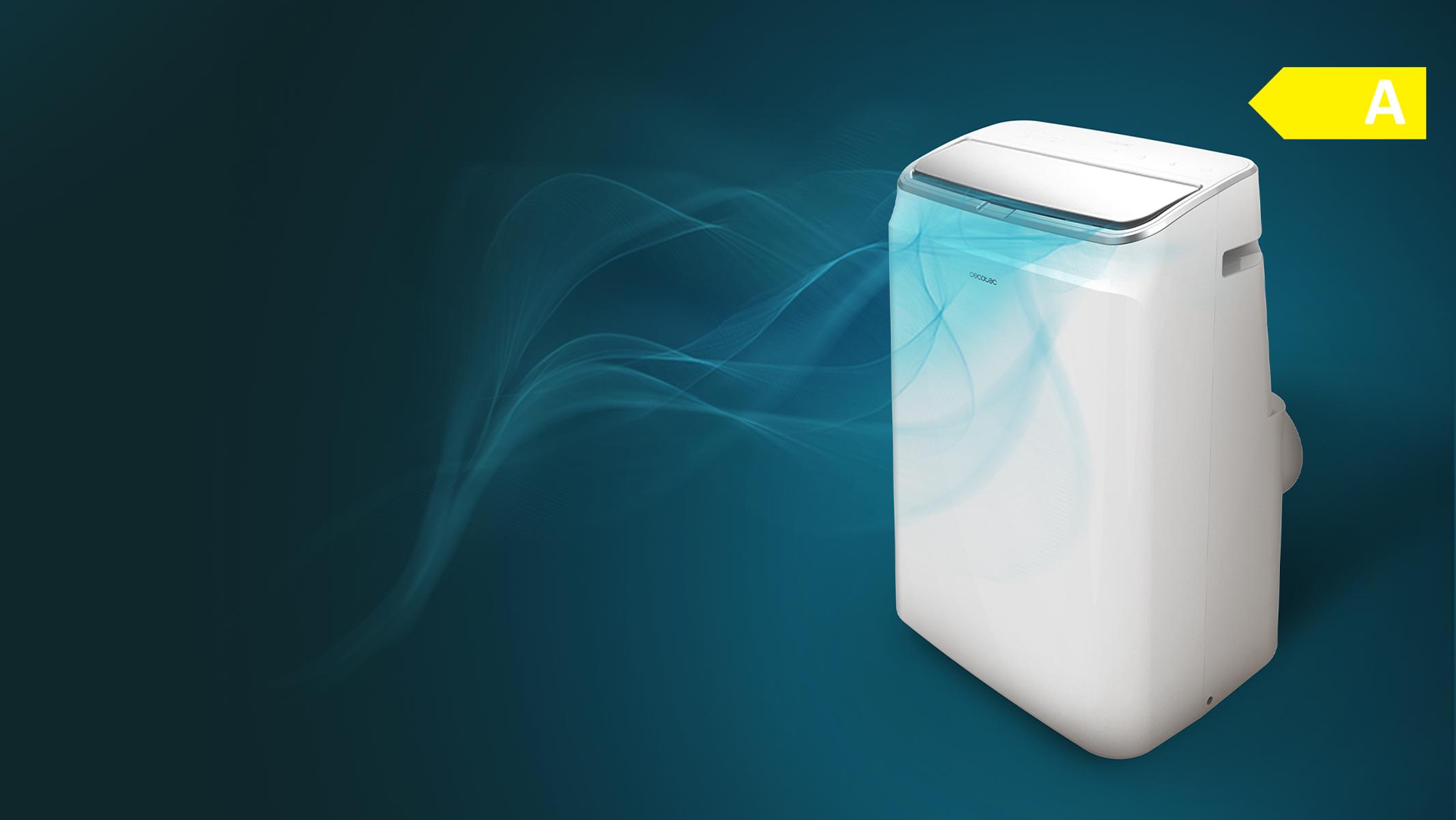 Biały klimatyzator z niebieskimi liniami przepływu powietrza. Posiada wyświetlacz cyfrowy.