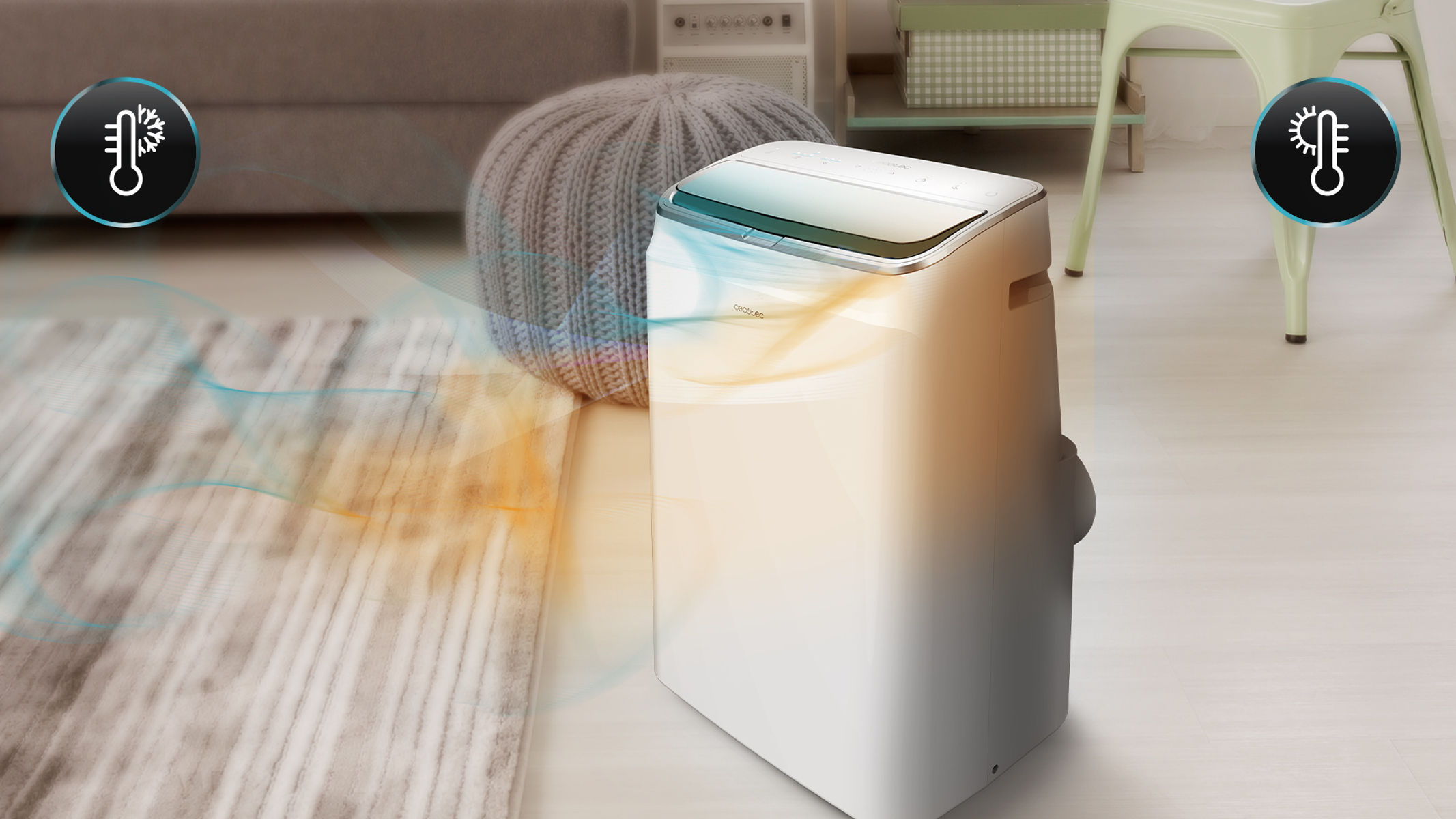 Biały klimatyzator na dywanie. Widoczne ikony temperatury i kierunki przepływu powietrza. Wnętrze.