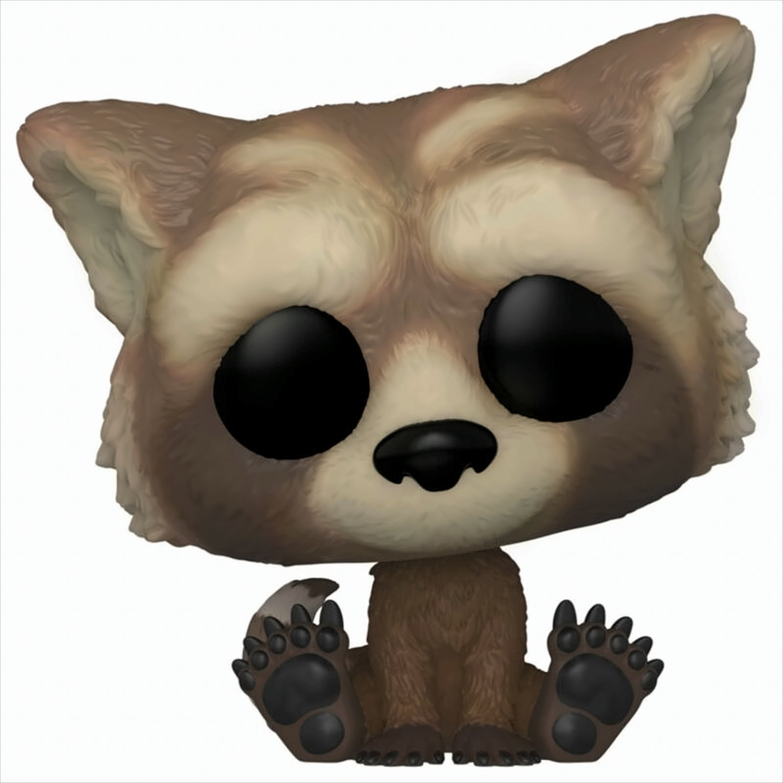 Una statuina Funko Pop di un procione con grandi occhi neri, seduto con le zampe davanti.