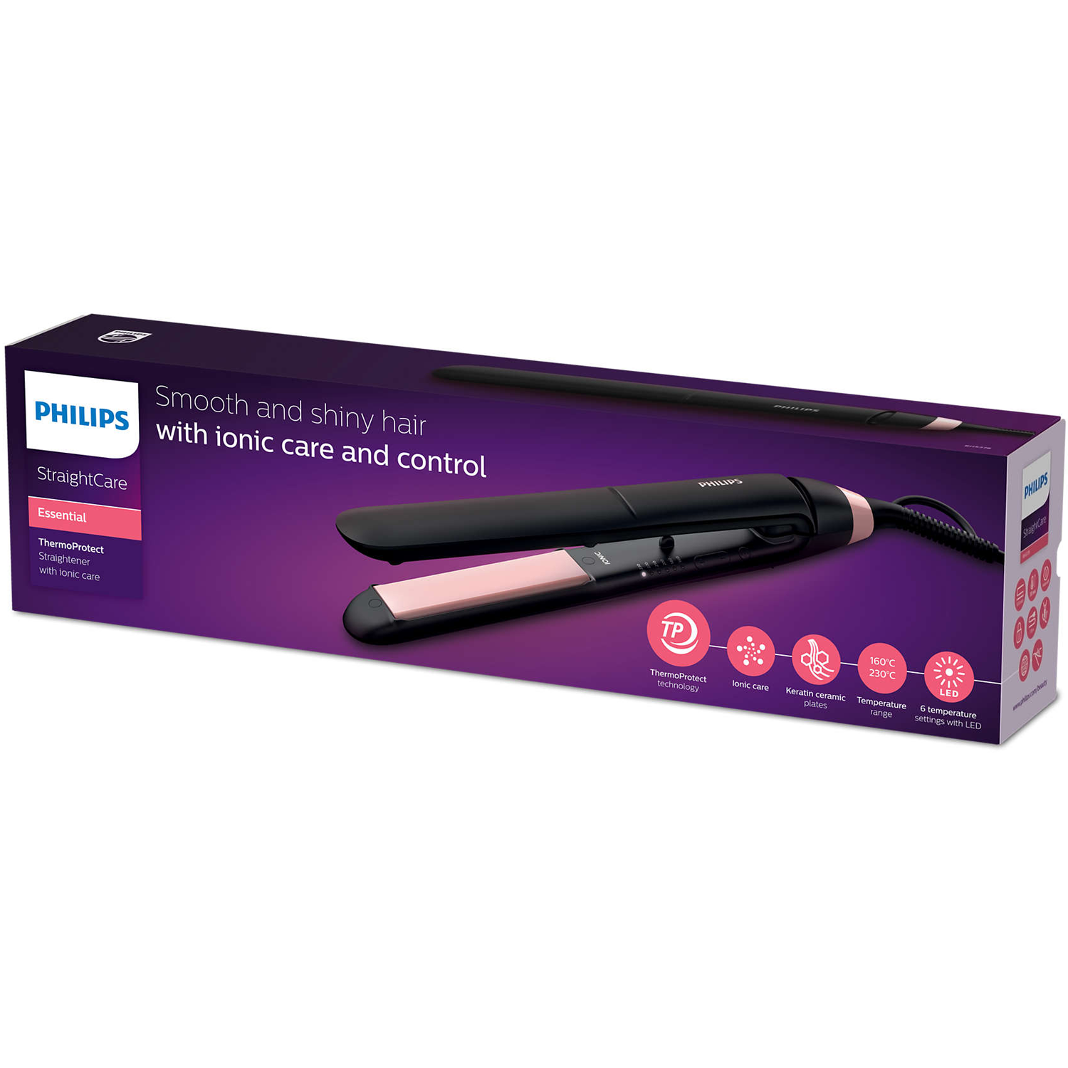 Box für Philips Haarglätter. Enthält Text und Bilder, die die Produktmerkmale detailliert beschreiben.