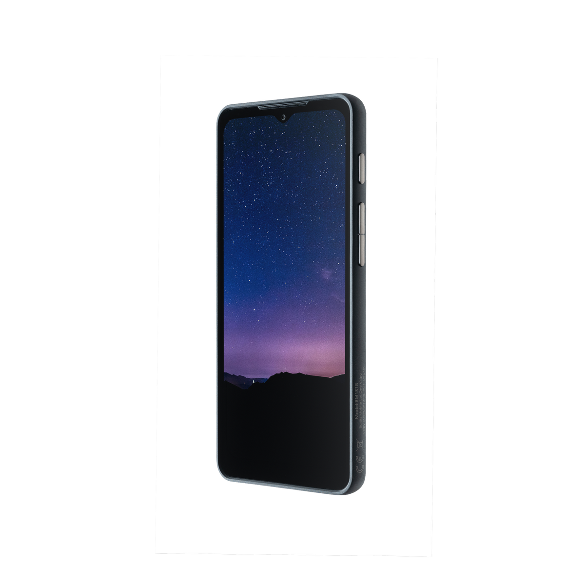 Ein schwarzes Smartphone mit Sternennacht-Display, Seitenansicht, auf schwarzem Hintergrund.