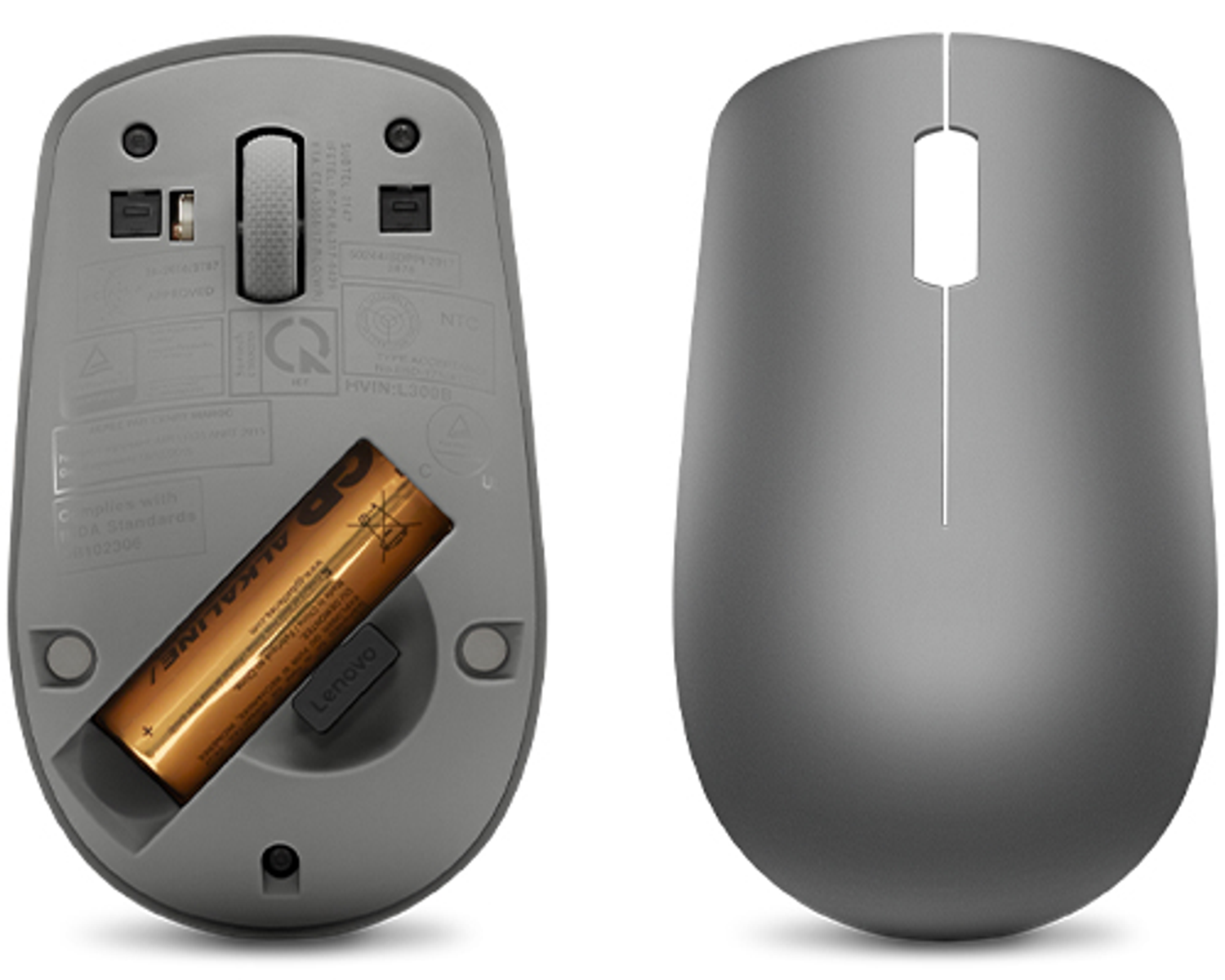 A gray Lenovo mouse, top and bottom views. A battery is in place.