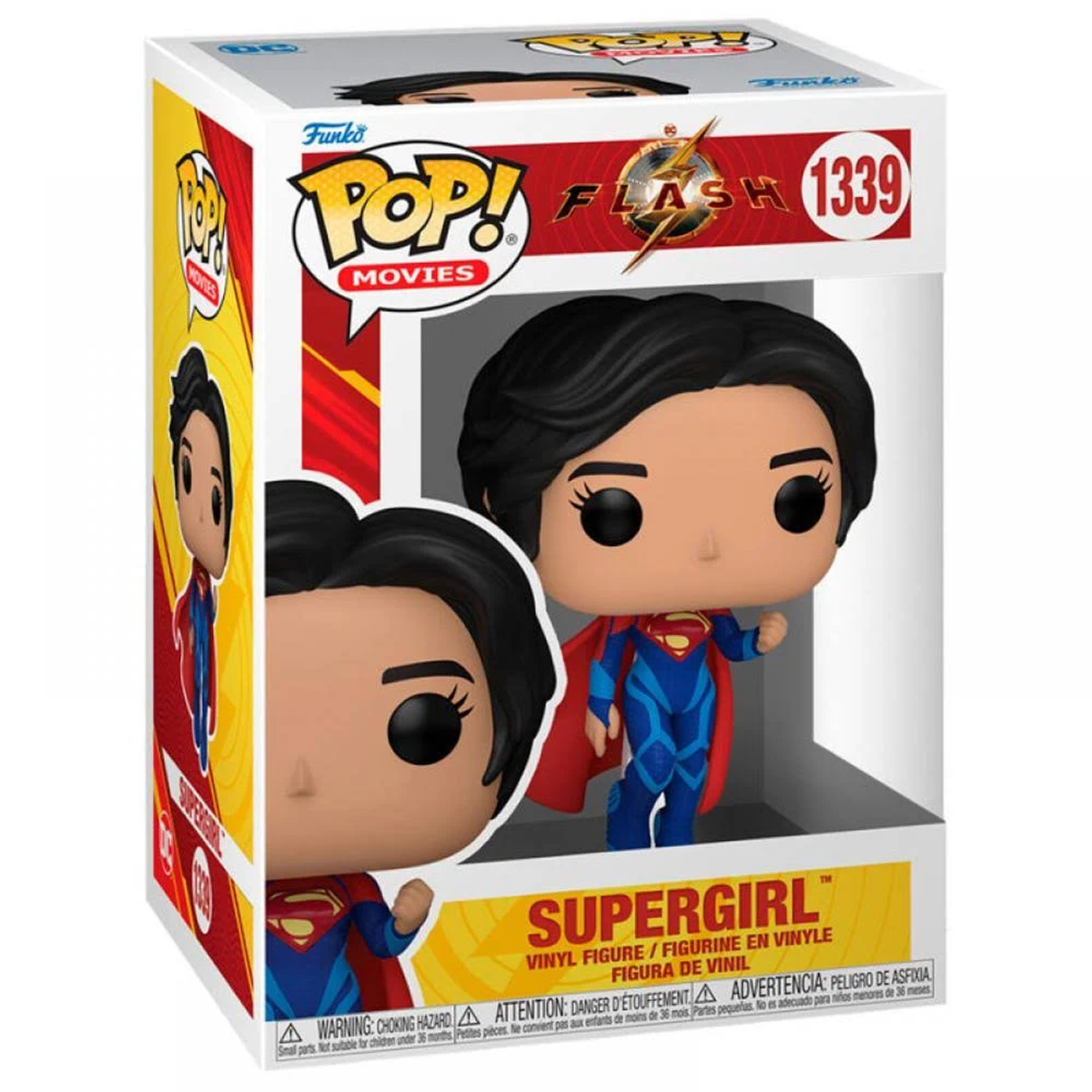 Figura de Supergirl Funko Pop en una caja expositora con gráficos y texto.