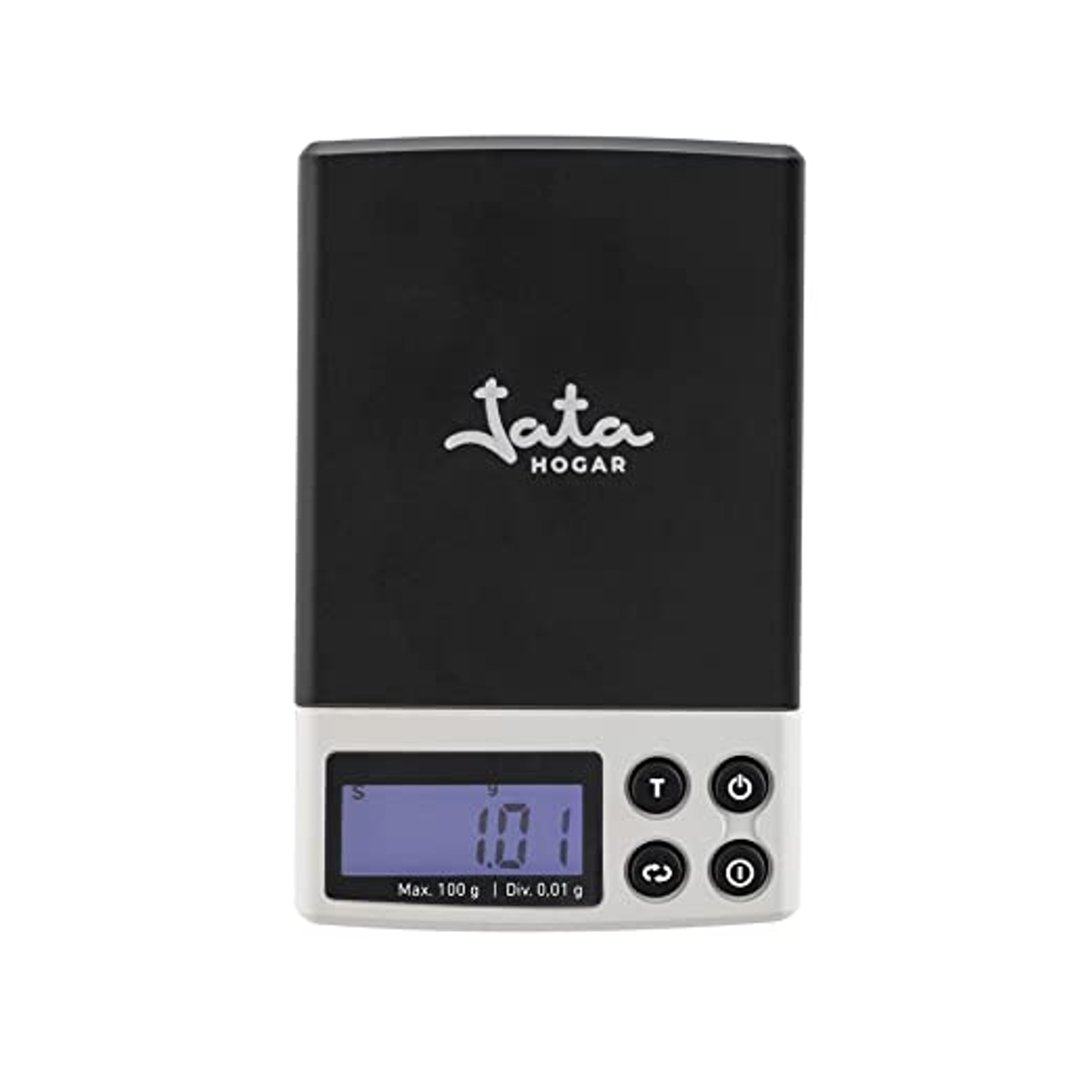 Balanza digital Jata en blanco y negro con una pantalla que muestra un peso de 10,1.