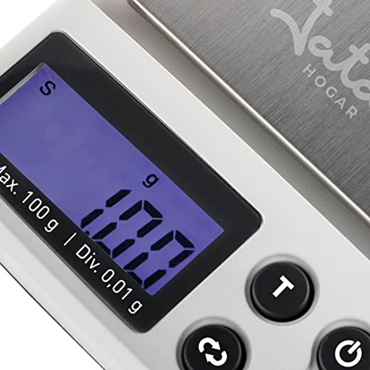Una balanza digital con pantalla que muestra 1,00 g. Botones debajo.