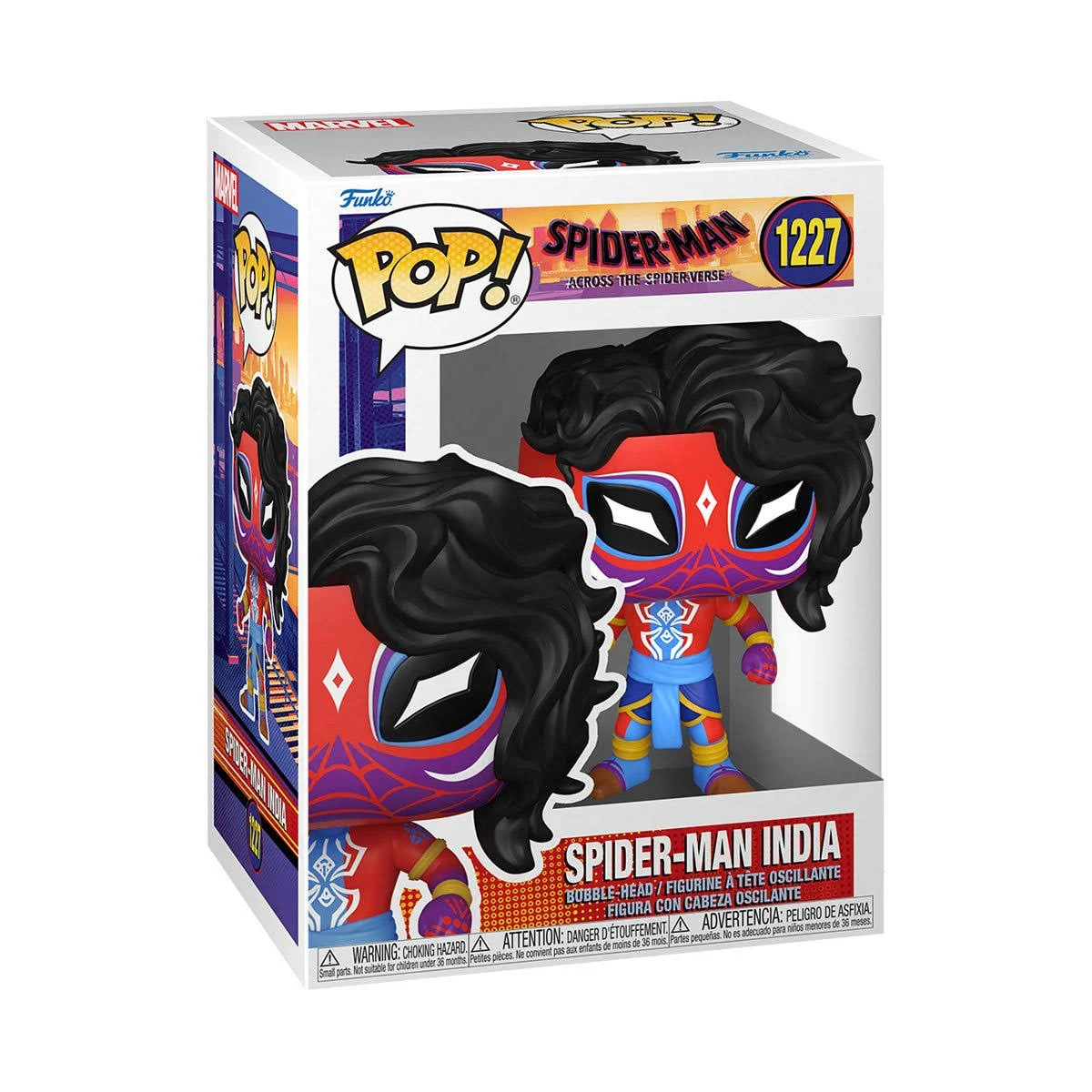 Figura Funko Pop! Spider-Man India bobblehead en una caja de exhibición.