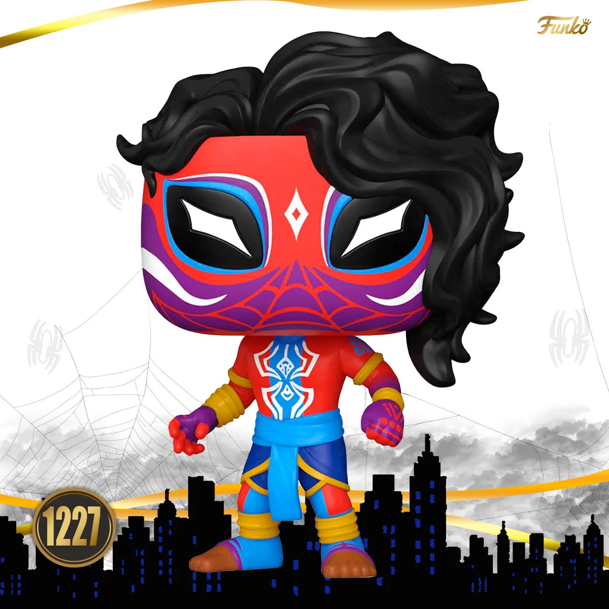 Figura Funko Pop de un personaje de cómic. Colores rojo y azul.