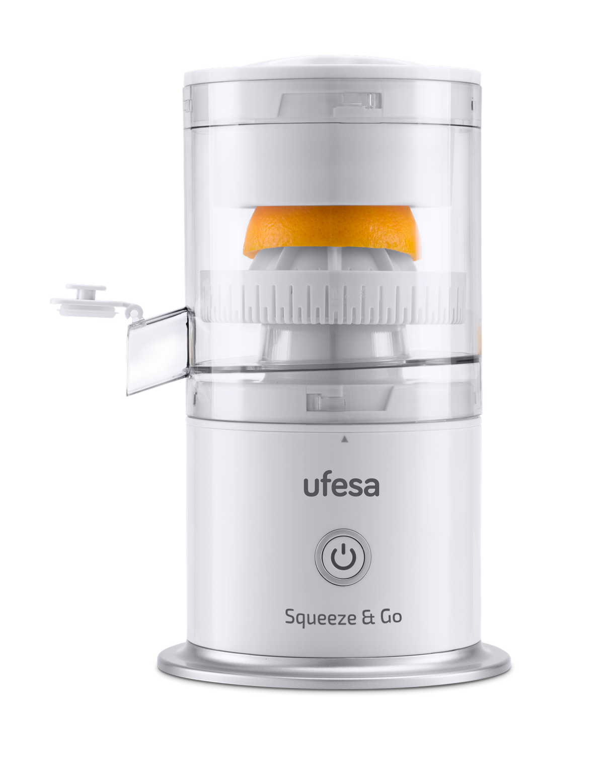 Exprimidor eléctrico blanco y transparente con una rodaja de naranja dentro y la marca ufesa.