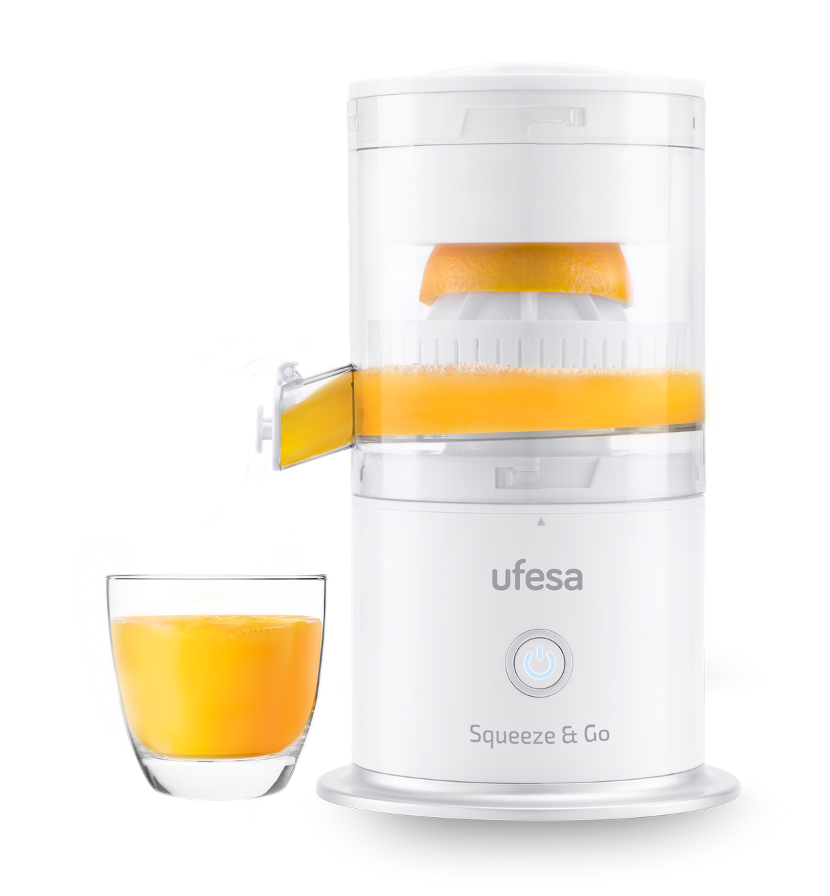 Exprimidor Ufesa blanco con zumo de naranja y un vaso.