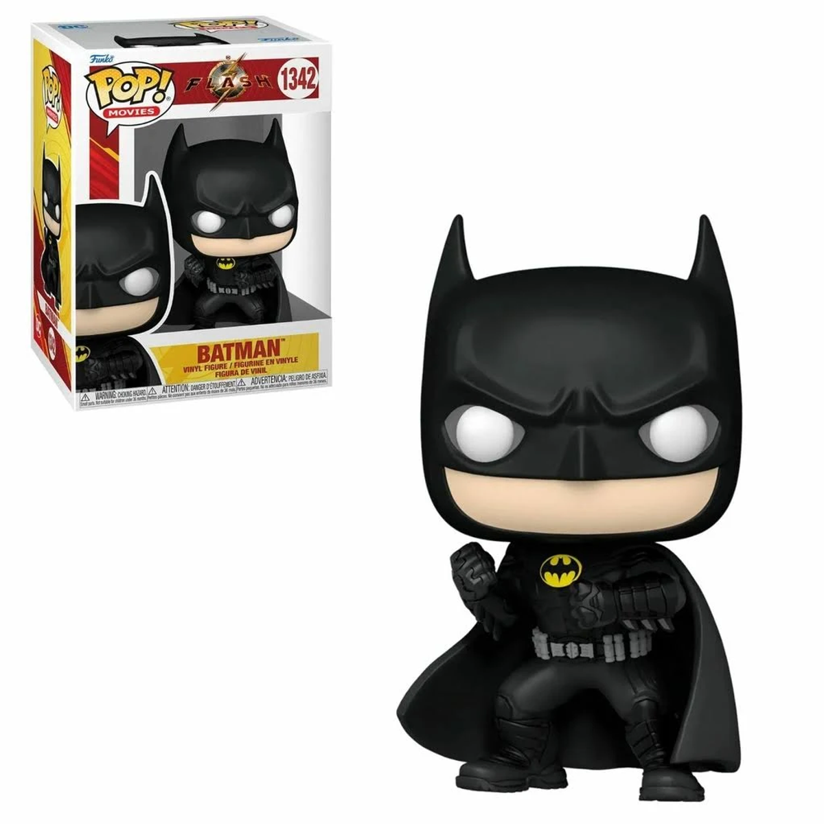 Figura y caja de Batman Funko Pop, traje negro, ojos blancos.
