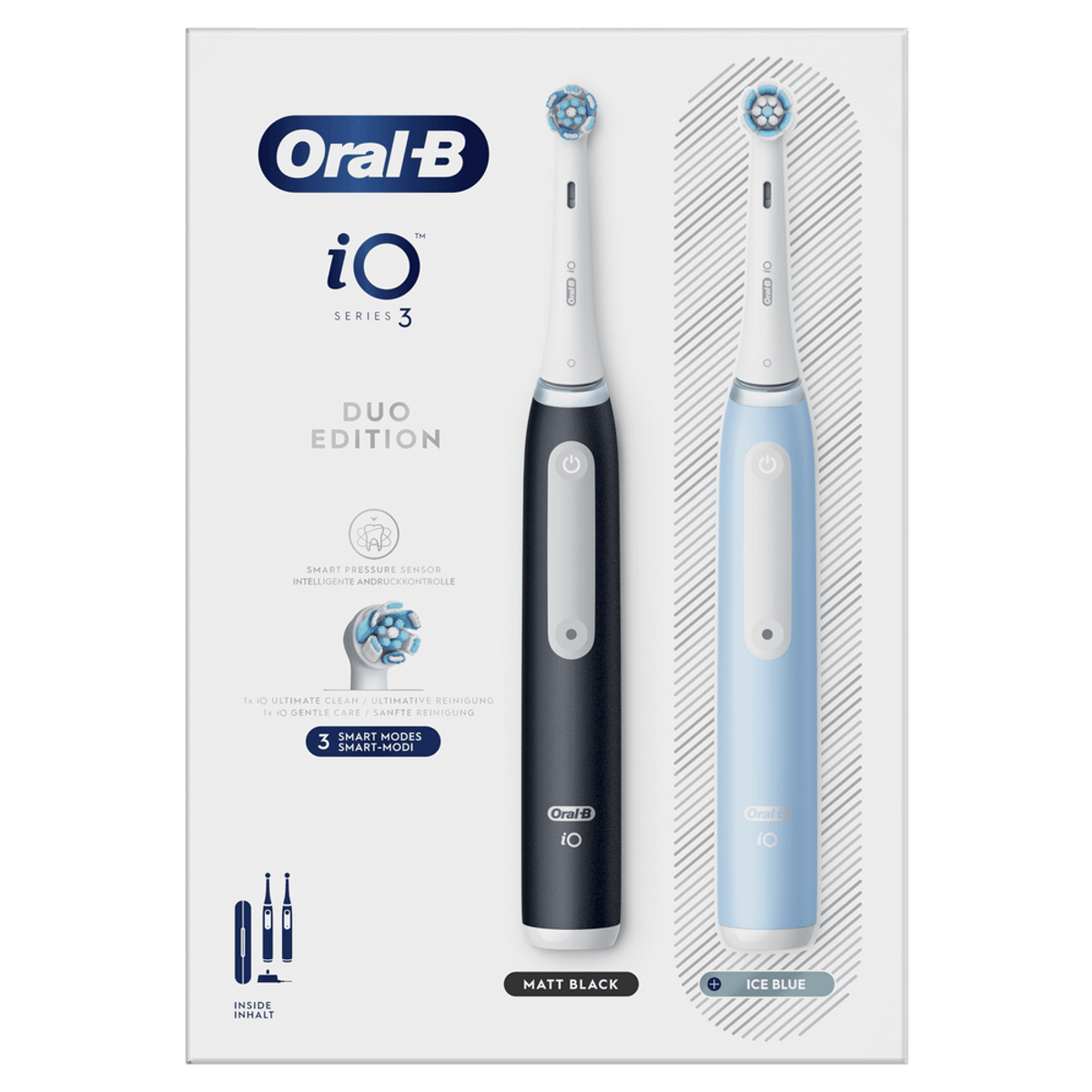 Zwei elektrische Zahnbürsten. Eine ist mattschwarz, die andere eisblau. Oral-B iO Serie 3.