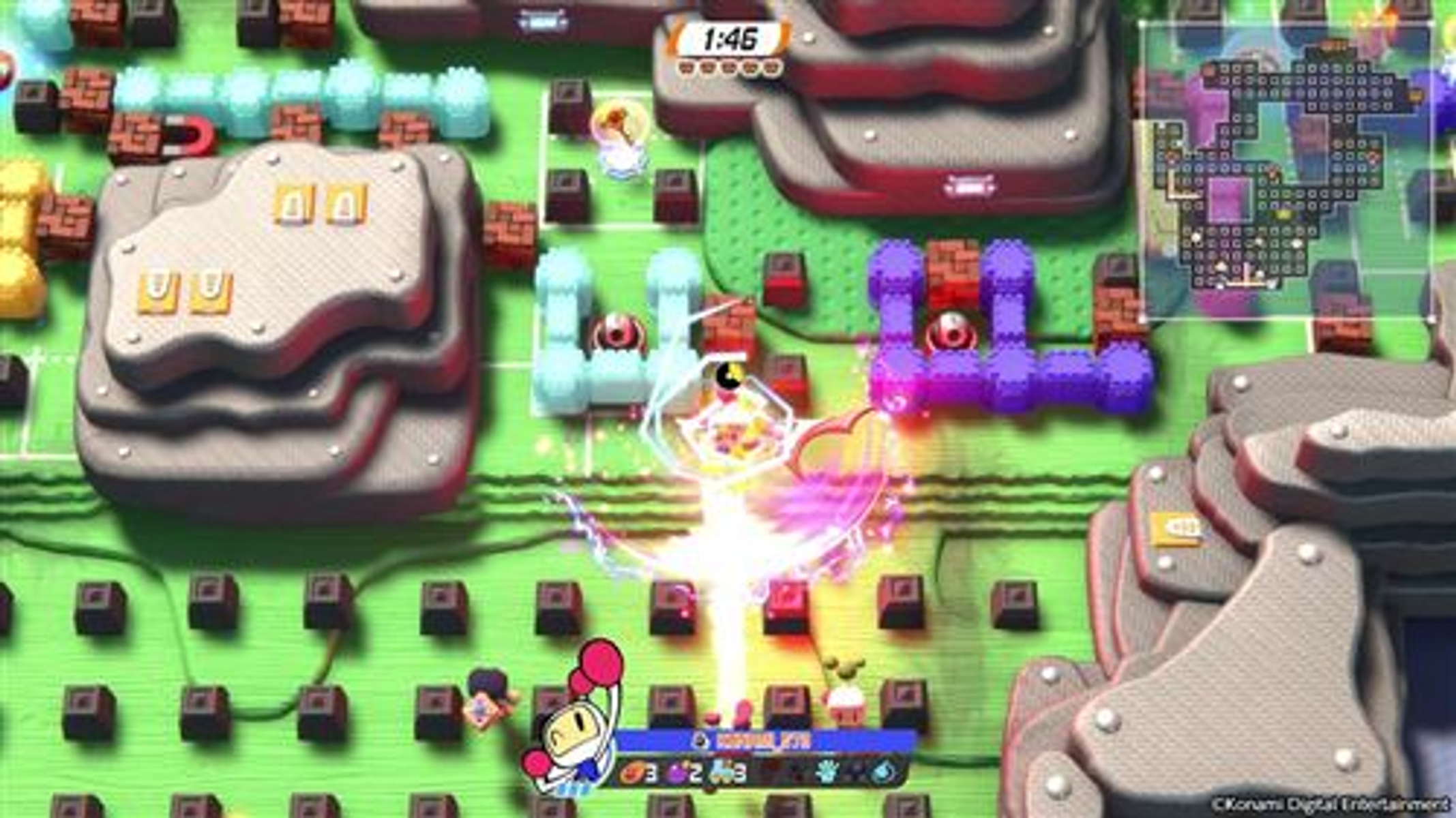 Captura de pantalla de un videojuego con personajes y un mapa del juego. Efecto de luz brillante en el centro.