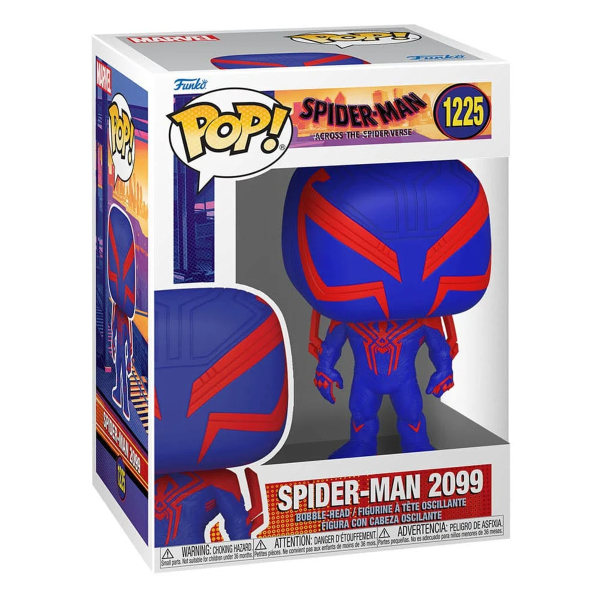 Figura Funko Pop de Spider-Man 2099 en caja, traje azul y rojo.