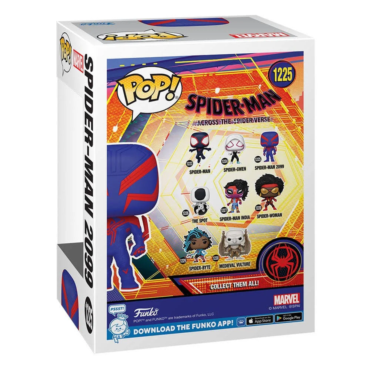 Caja Funko Pop de Spider-Man Across the Spider-Verse, mostrando a Spider-Man 2099 y figuras.