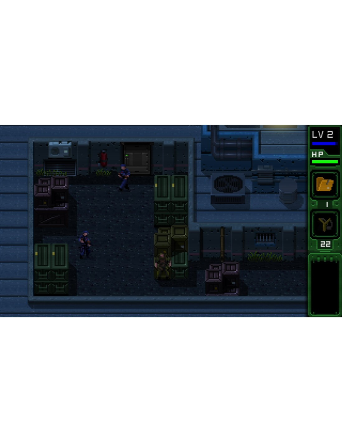 Vista cenital de una escena de juego pixelada con figuras y texto.