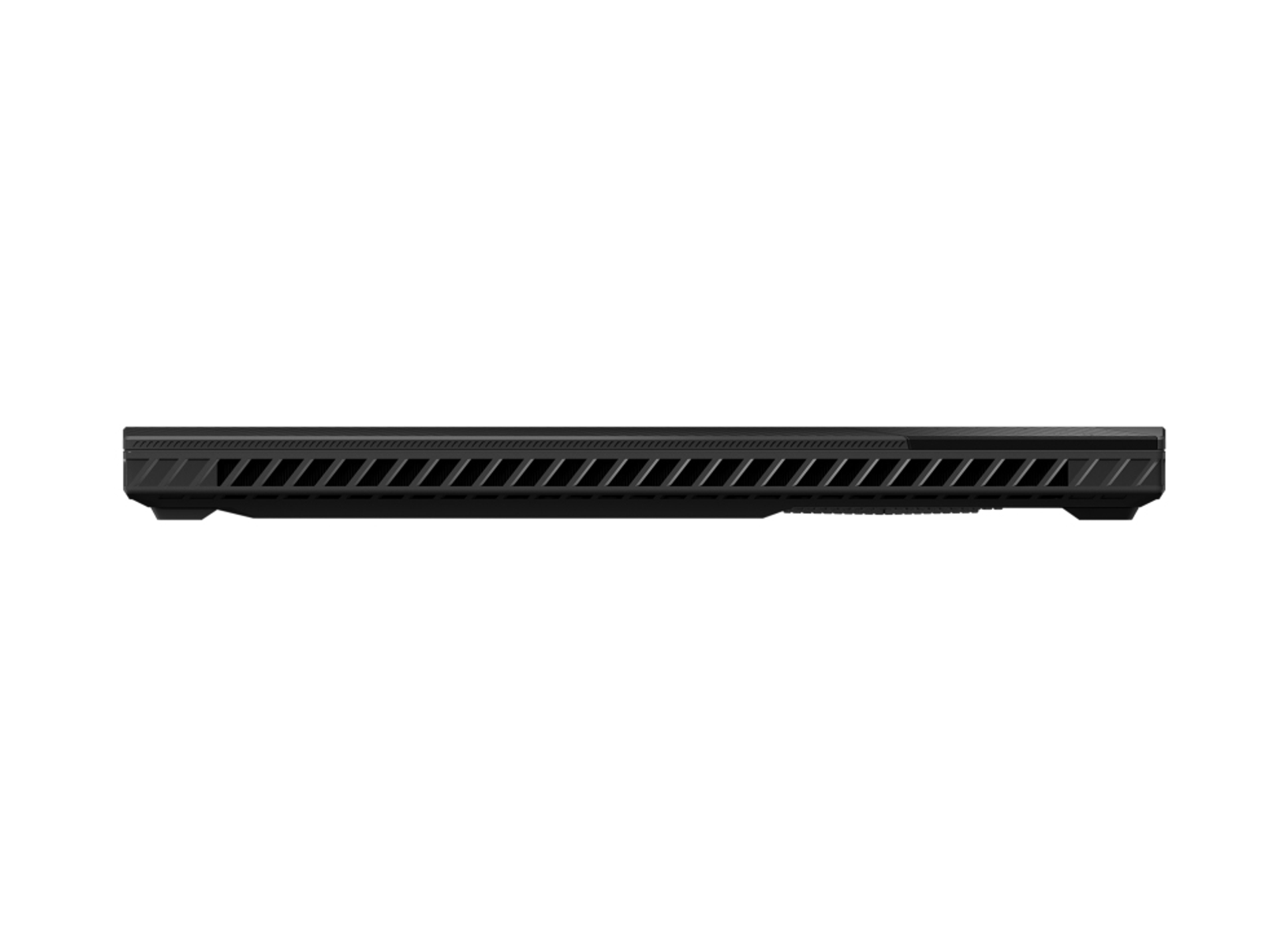 Perfil lateral de un portátil negro, que muestra el diseño de ventilación y el borde inferior.