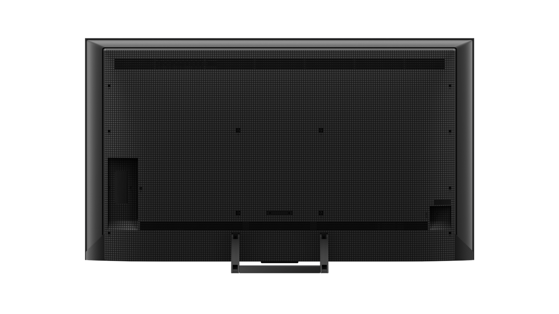 Tył czarnego telewizora ze stojakiem. Tło jest czarne.