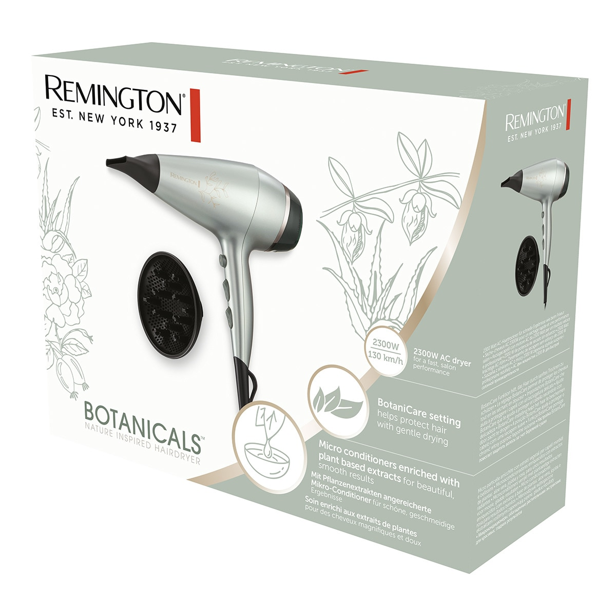 Remington Botanicals Haartrockner auf Box mit Text auf weißem Hintergrund.