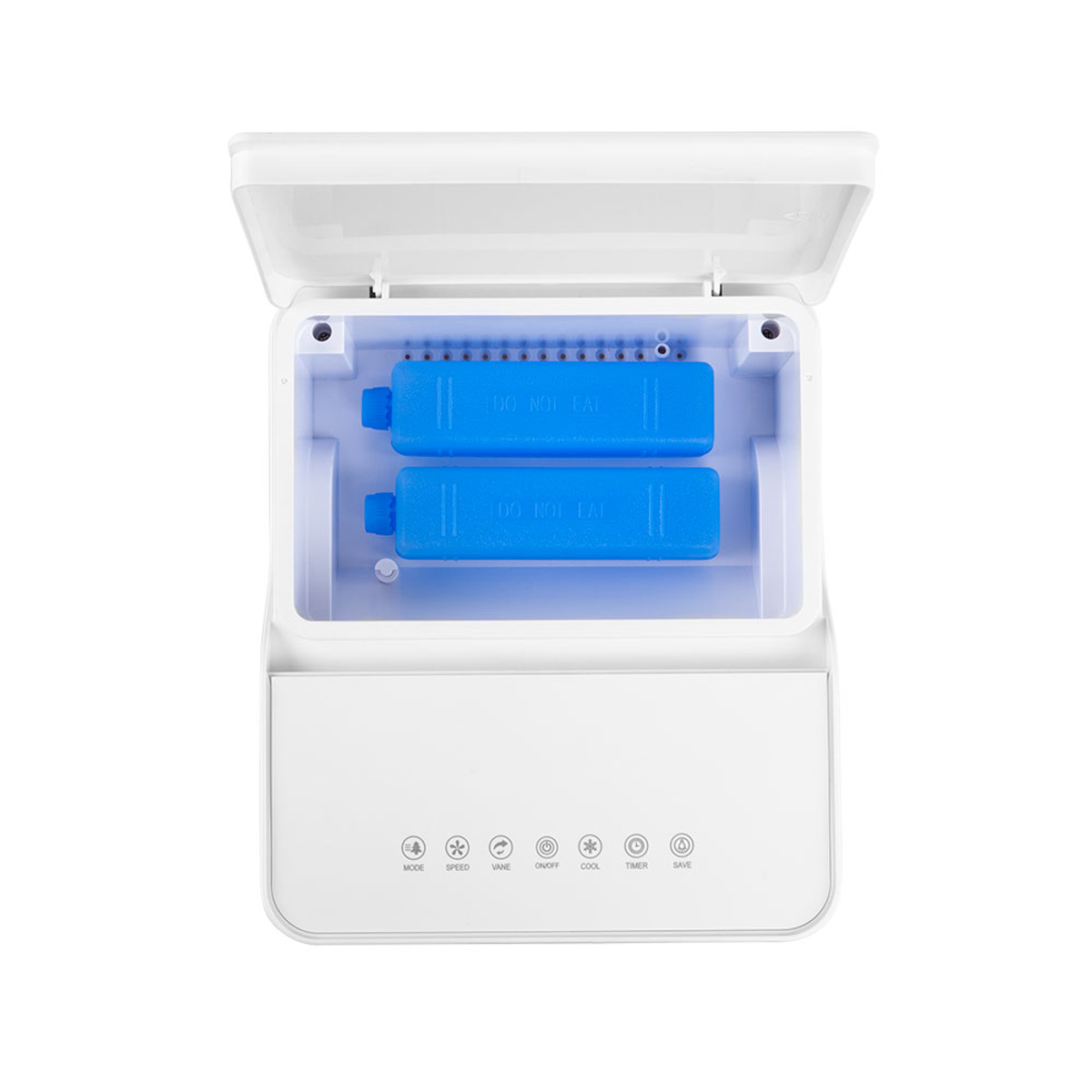 Een witte koeler met twee blauwe koelelementen erin. Er zitten bedieningsknoppen op de voorkant.