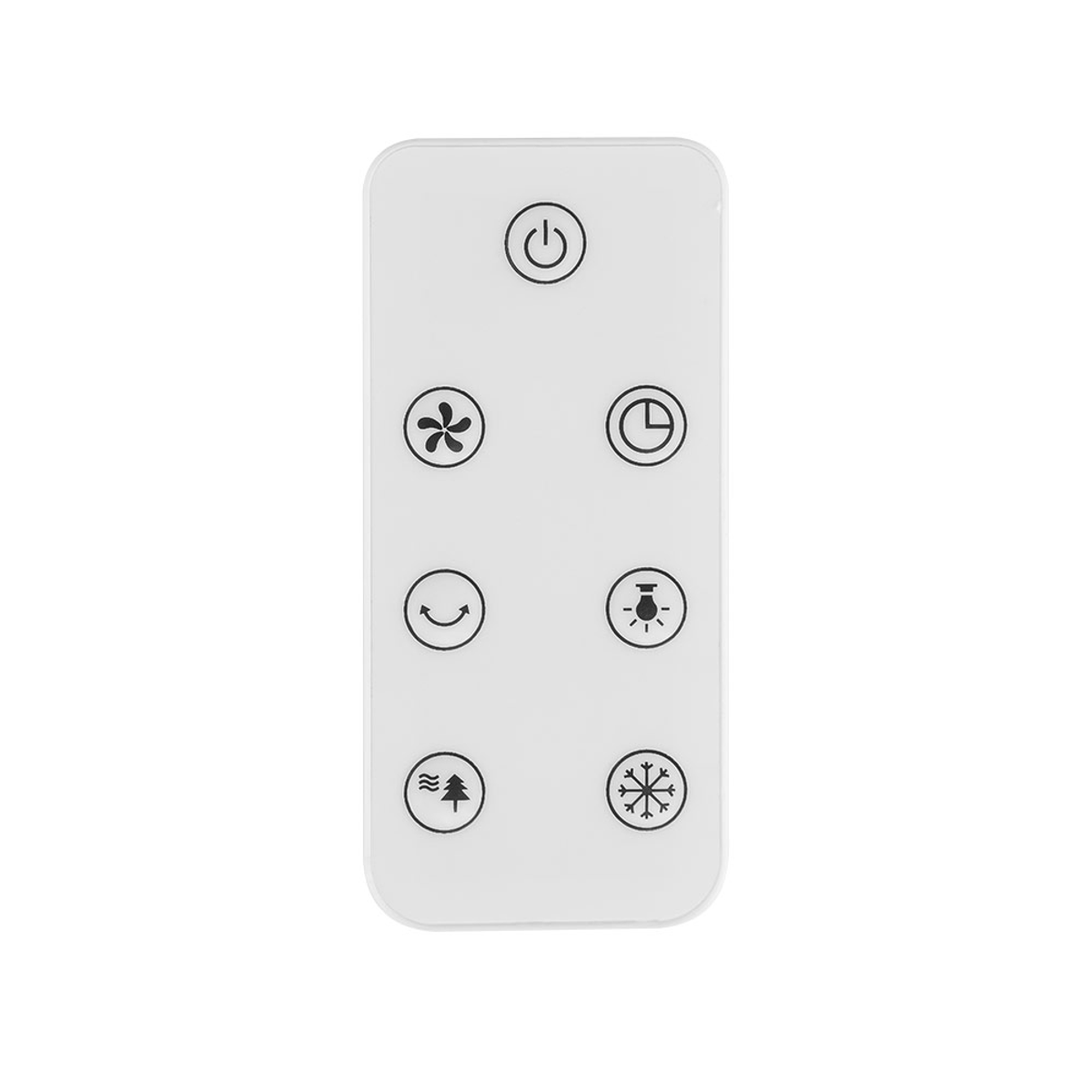 Een witte afstandsbediening met zwarte iconen voor stroom, ventilator, timer en andere functies.