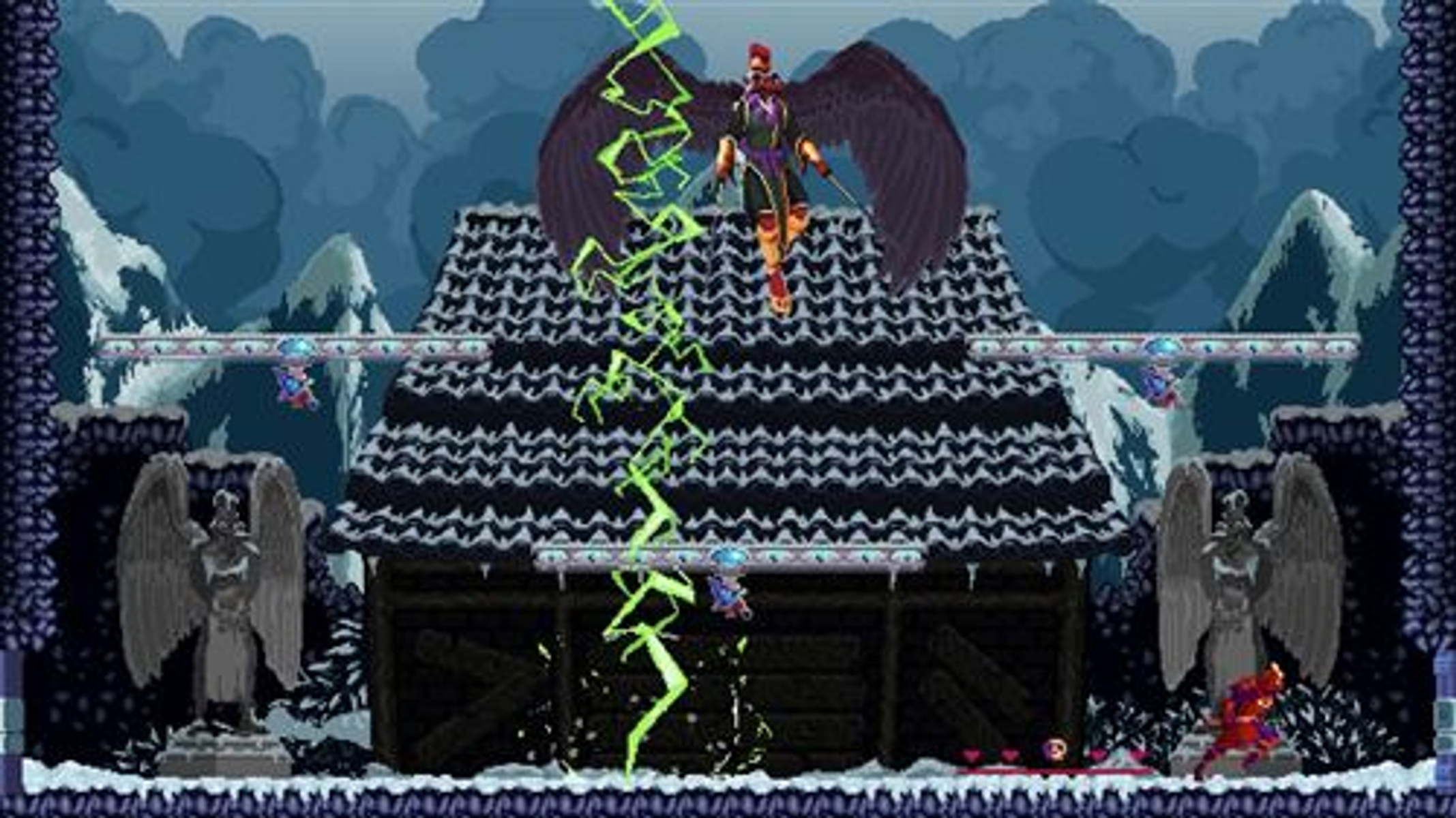 Escena de videojuego pixelada con una figura volando sobre un edificio, rodeada de nieve.