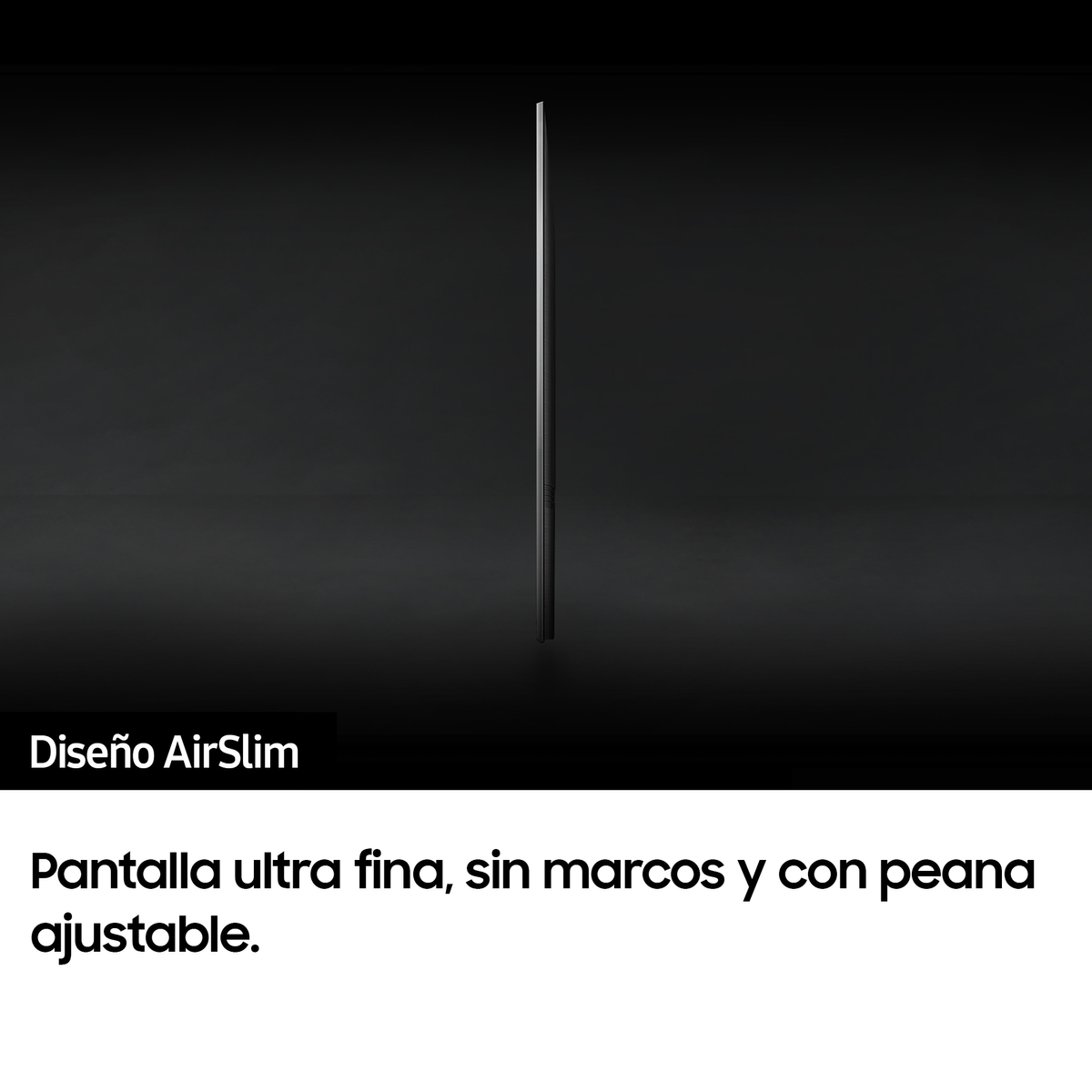 Ultracienki, bezramkowy telewizor. Ciemny, elegancki design, widok z boku na czarnym tle.