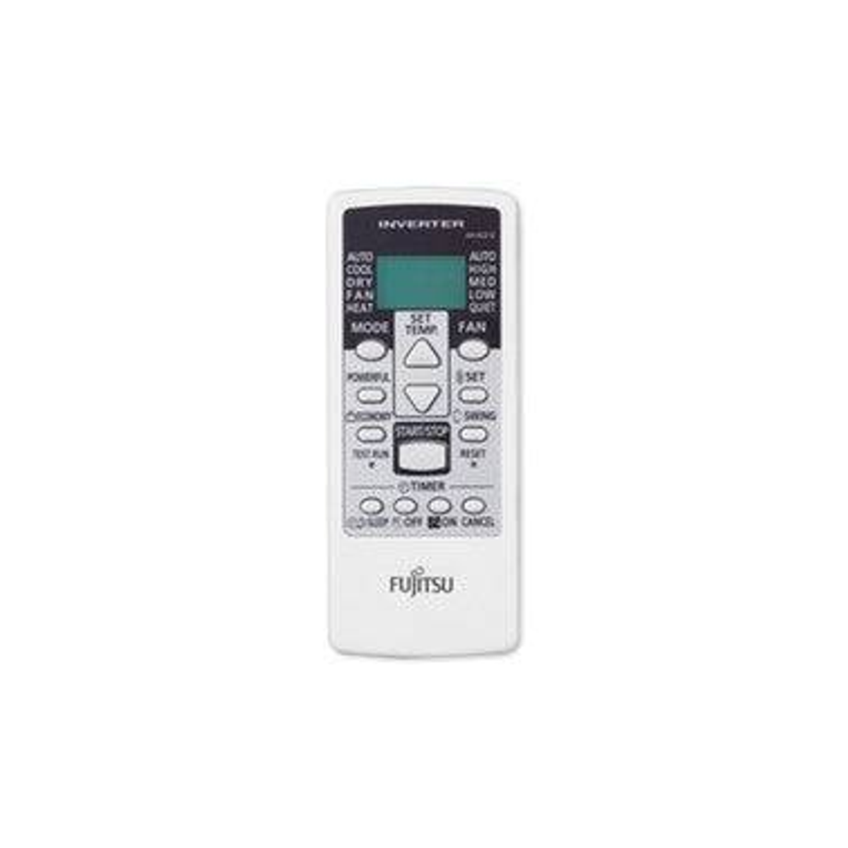Un control remoto de CA Fujitsu blanco está sobre un fondo blanco.