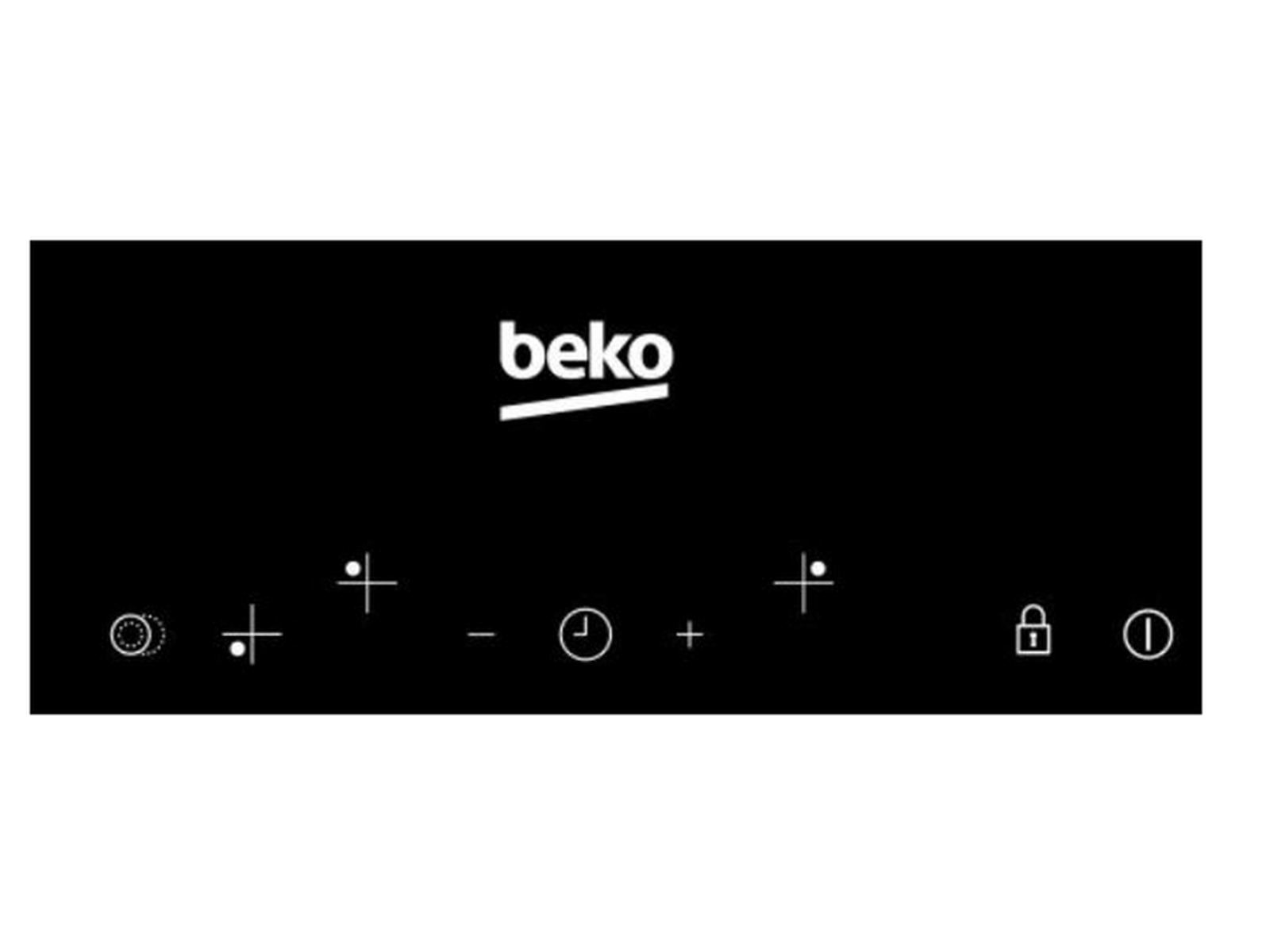 Czarna płyta grzewcza Beko z białymi ikonami sterowania. Symbole plus, minus, timer, blokada i zasilanie.